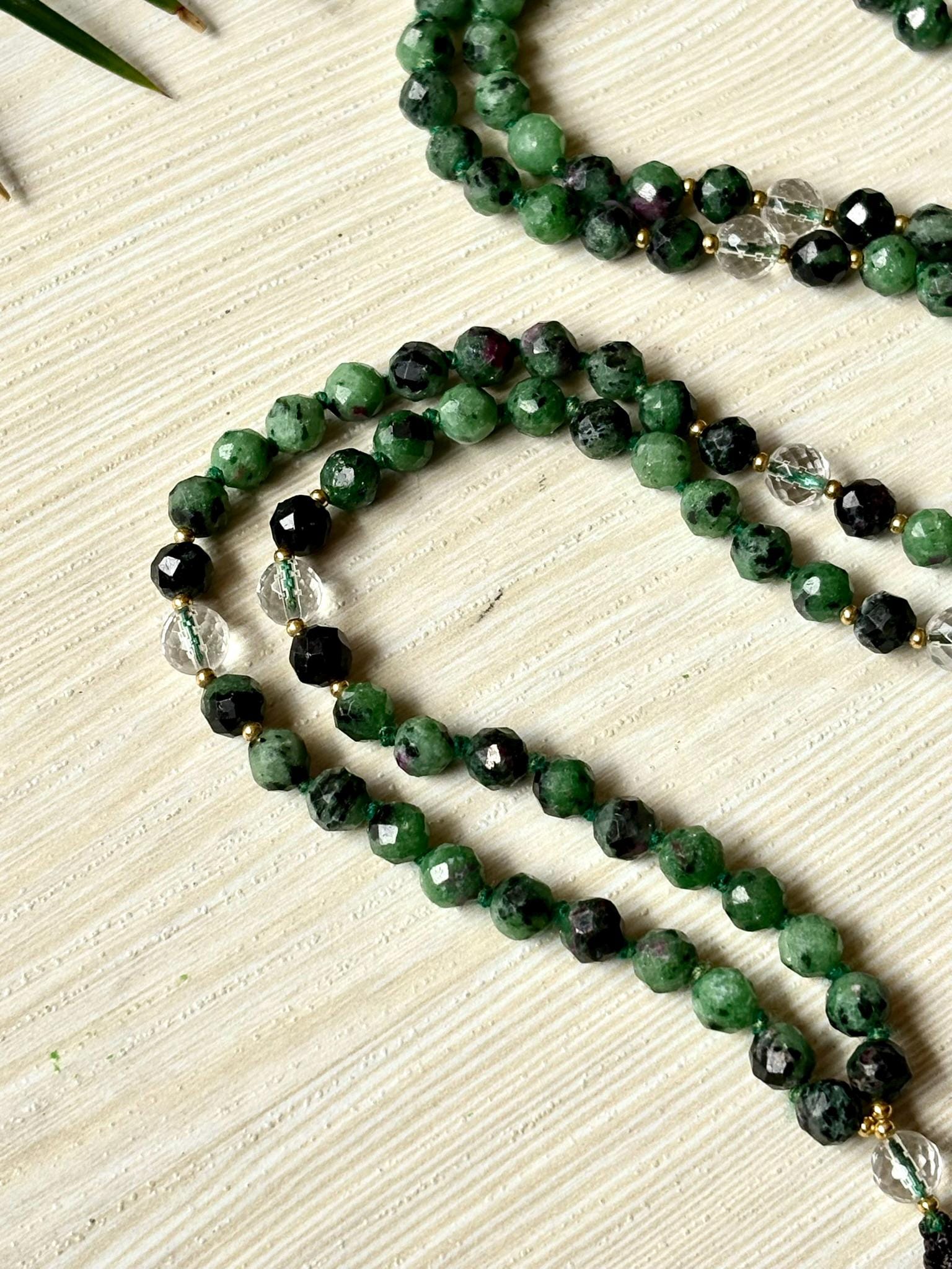 Ruby Zoisite Mala Necklace with Clear Quartz,Tassel mala, Prayer Necklace, 108 Mala Beads, Statement Necklace Spiritual Mala