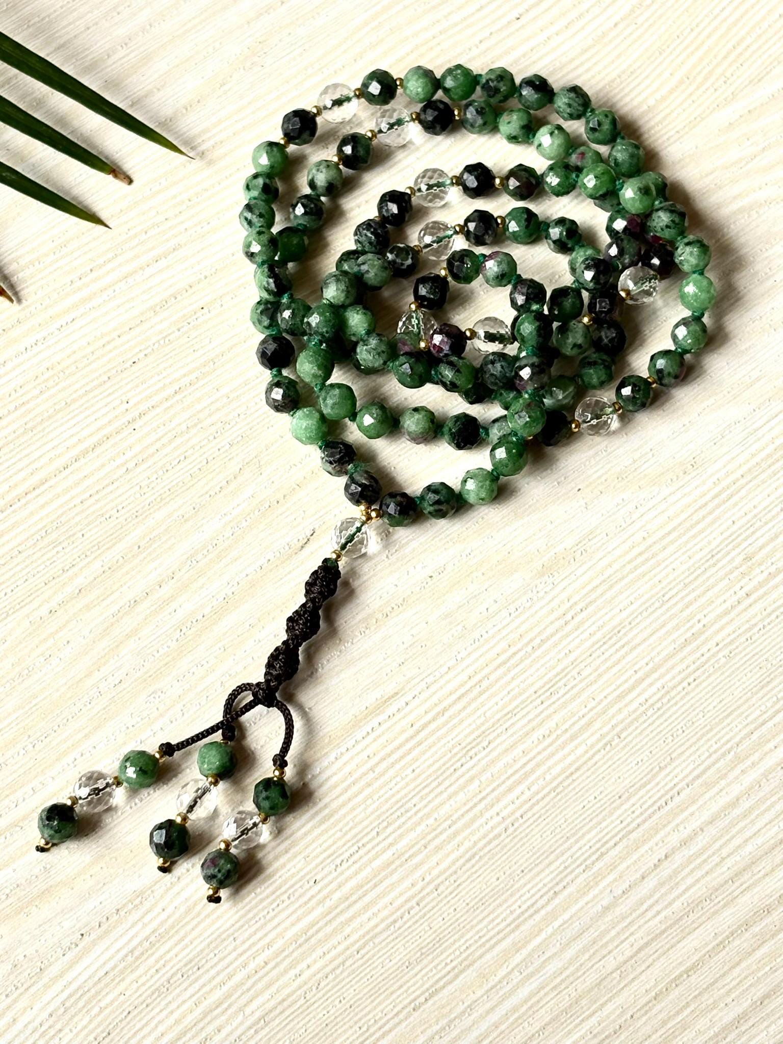Ruby Zoisite Mala Necklace with Clear Quartz,Tassel mala, Prayer Necklace, 108 Mala Beads, Statement Necklace Spiritual Mala