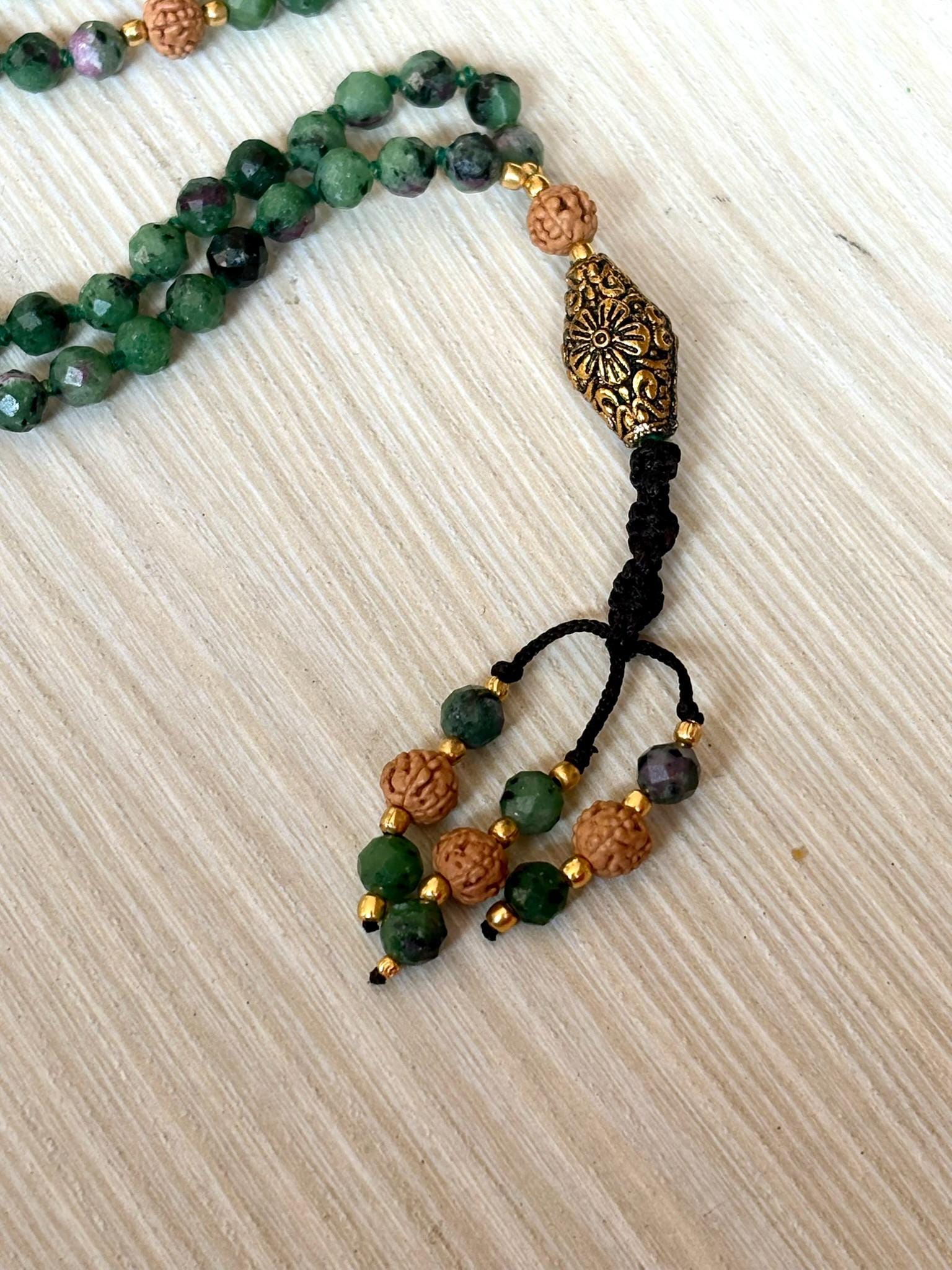 Ruby Zoisite Mala Necklace: Rudraksha 108 Prayer Beads