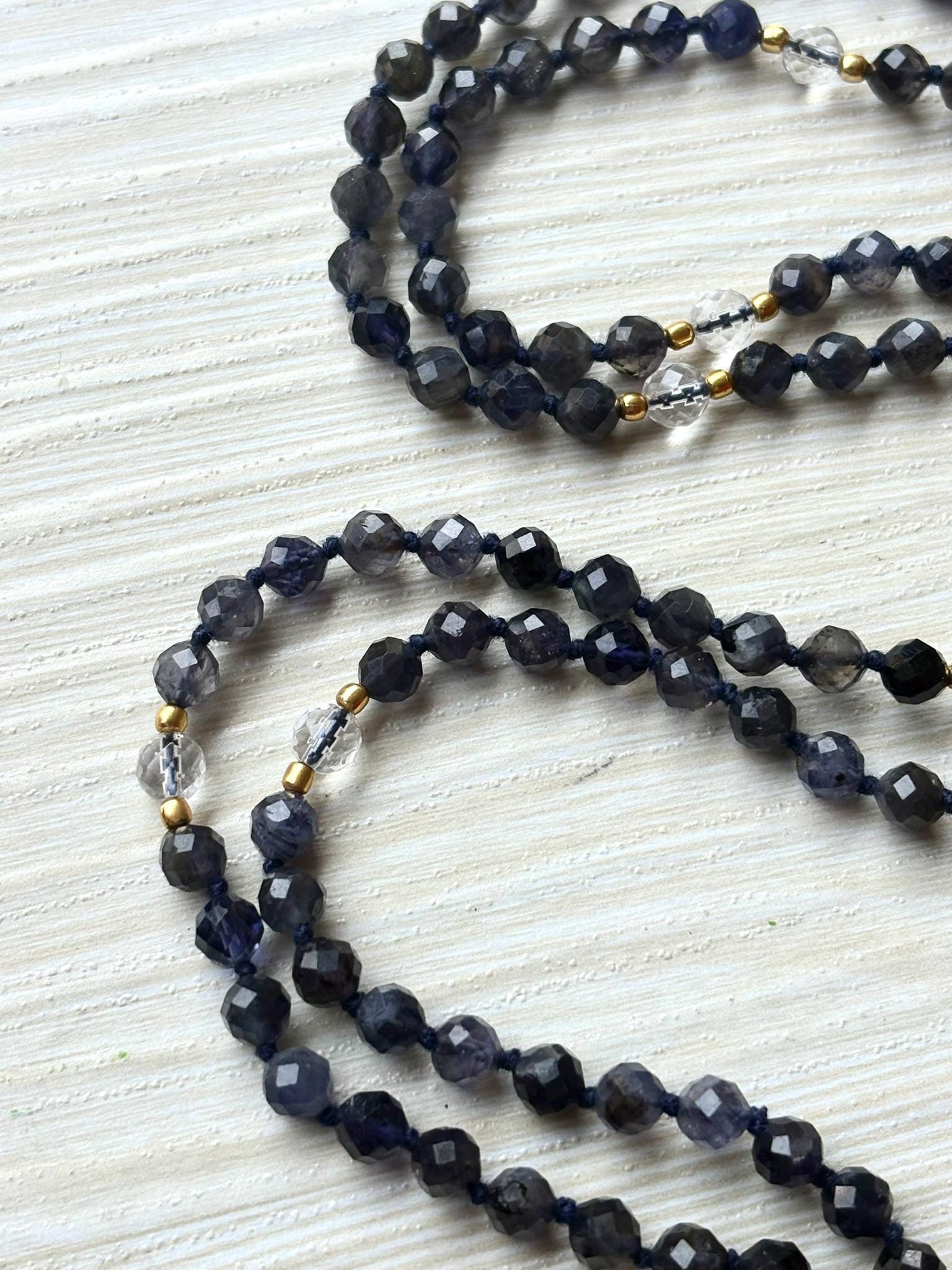 Iolite Mala Necklace with Clear Quartz | 108 Bead Prayer Mala | Spiritual Tassel Necklace | Healing Crystal Meditation Jewelry