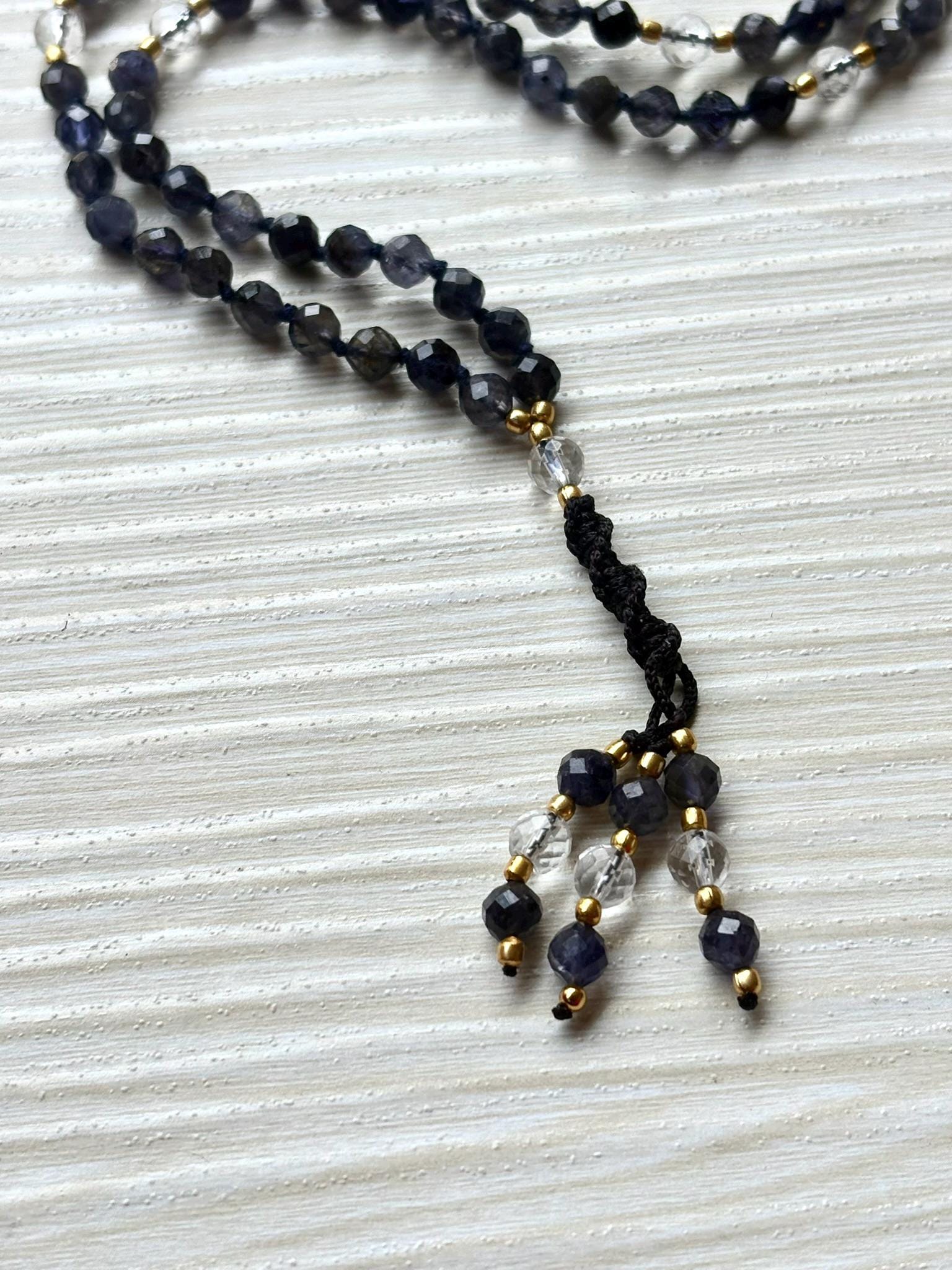 Iolite Mala Necklace with Clear Quartz | 108 Bead Prayer Mala | Spiritual Tassel Necklace | Healing Crystal Meditation Jewelry