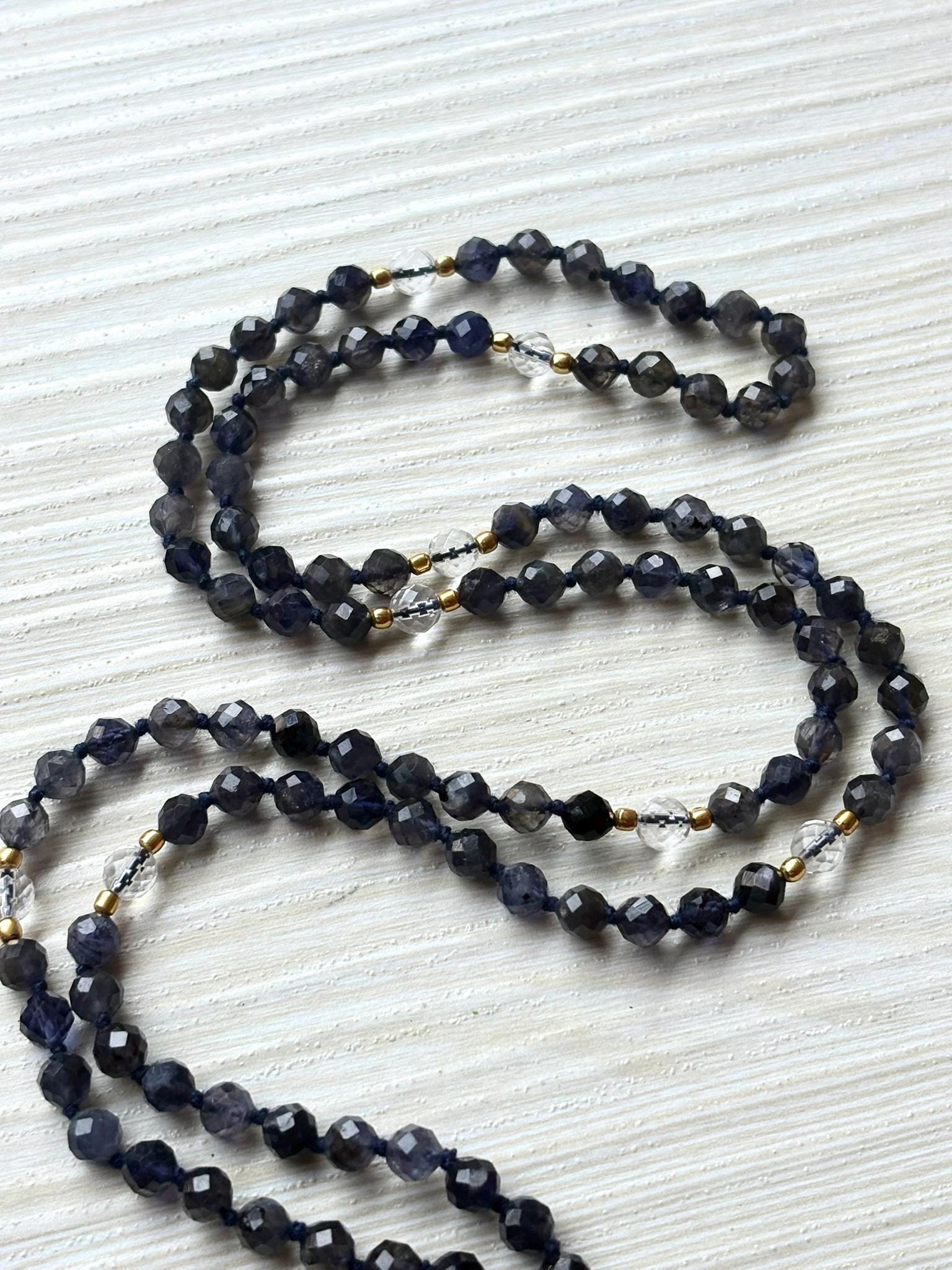 Iolite Mala Necklace with Clear Quartz | 108 Bead Prayer Mala | Spiritual Tassel Necklace | Healing Crystal Meditation Jewelry