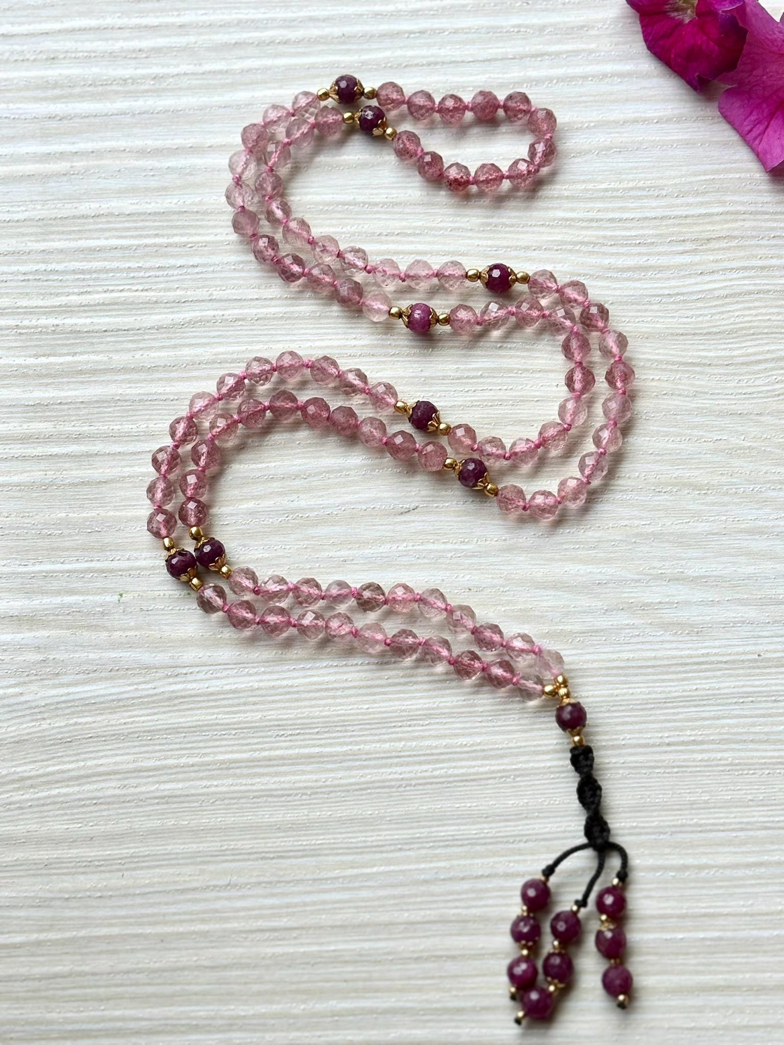 Strawberry Quartz Mala Necklace with Ruby,Tassel mala, Prayer Necklace, 108 Mala Beads, Statement Necklace Spiritual Mala