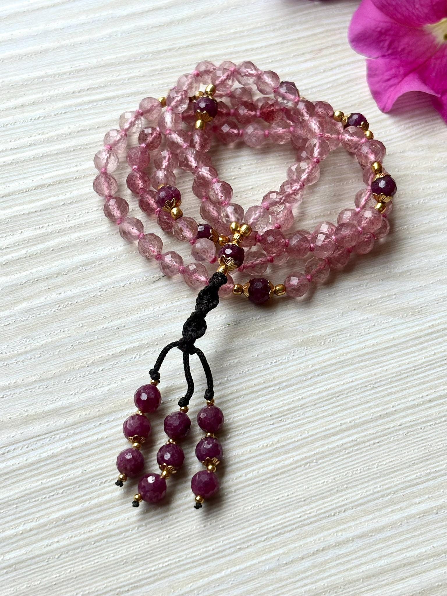 Strawberry Quartz Mala Necklace with Ruby,Tassel mala, Prayer Necklace, 108 Mala Beads, Statement Necklace Spiritual Mala
