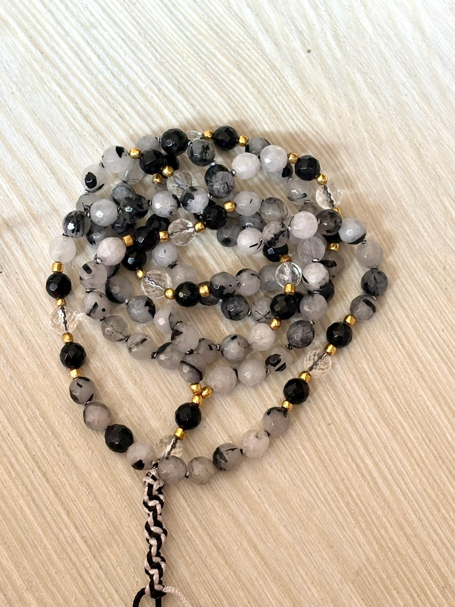 Black Rutile Quartz Mala Necklace with Clear Quartz and Black Tourmaline,Tassel mala, Prayer Necklace, 108 Mala Beads, Statement Necklace