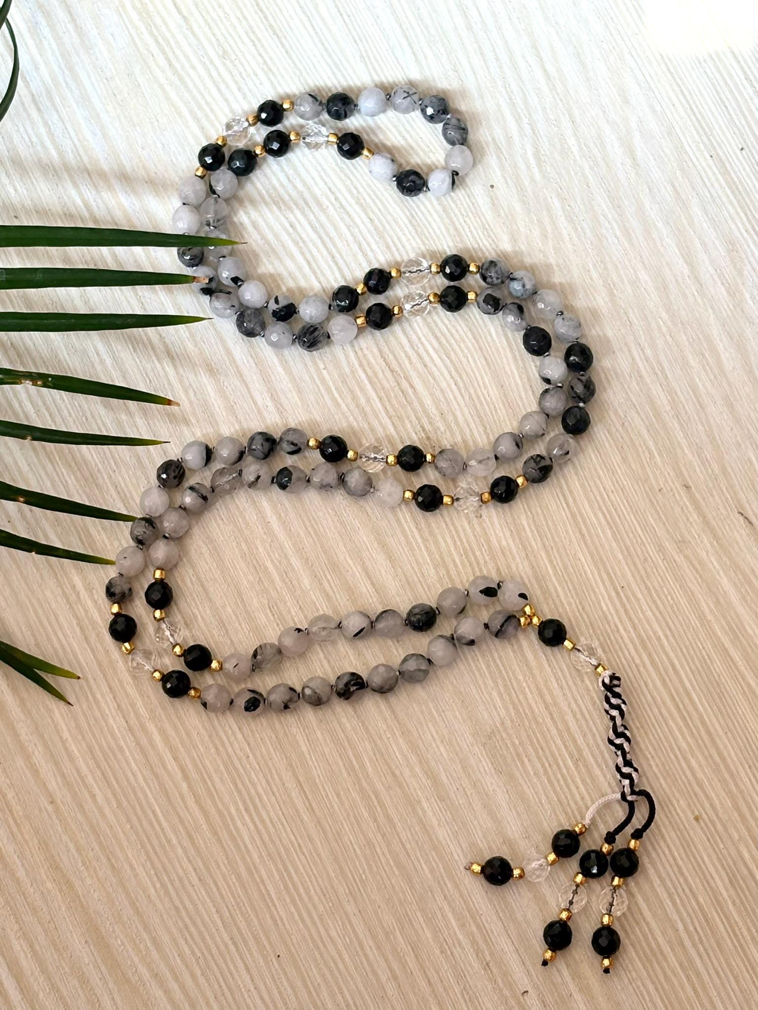 Black Rutile Quartz Mala Necklace with Clear Quartz and Black Tourmaline,Tassel mala, Prayer Necklace, 108 Mala Beads, Statement Necklace