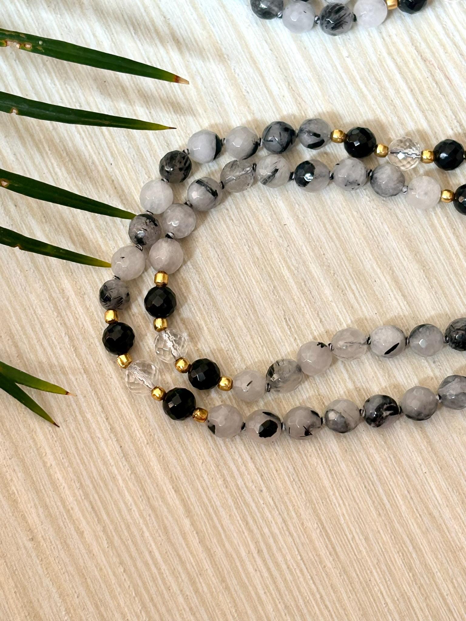 Black Rutile Quartz Mala Necklace with Clear Quartz and Black Tourmaline,Tassel mala, Prayer Necklace, 108 Mala Beads, Statement Necklace