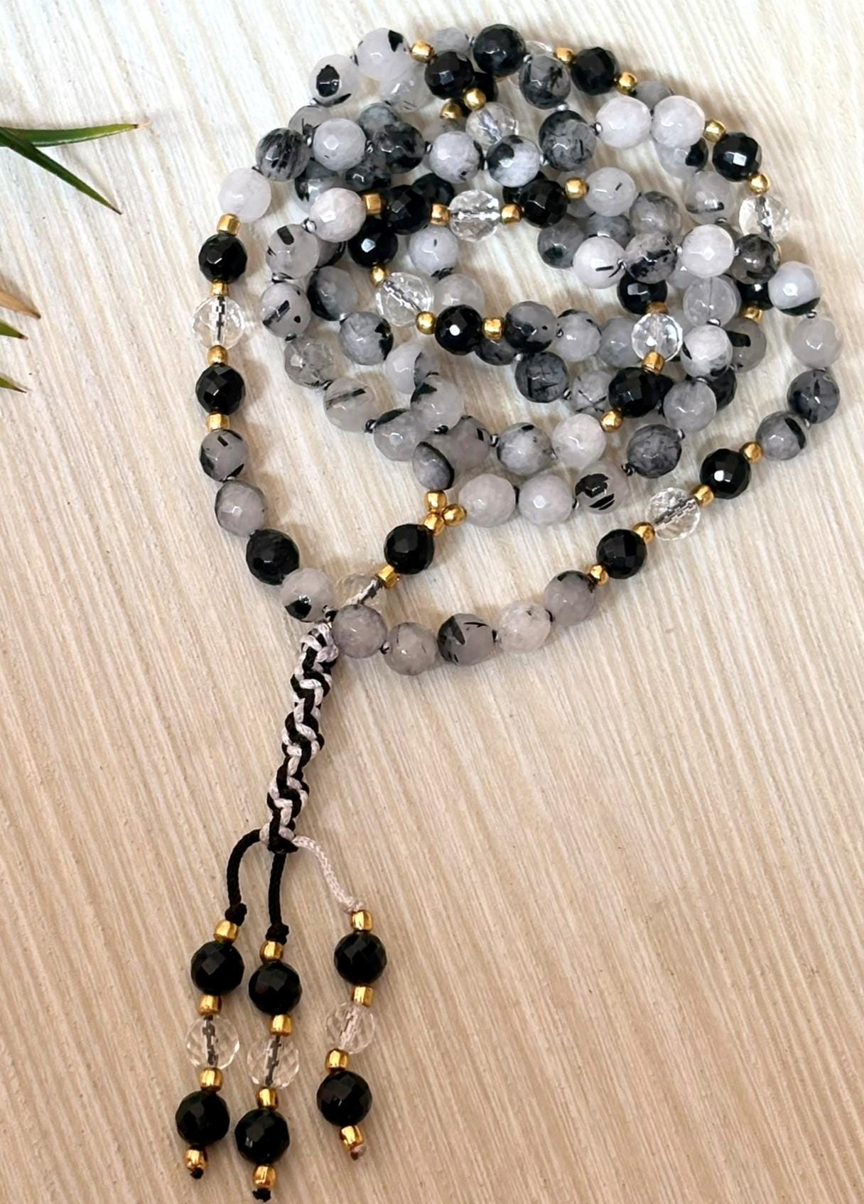 Black Rutile Quartz Mala Necklace with Clear Quartz and Black Tourmaline,Tassel mala, Prayer Necklace, 108 Mala Beads, Statement Necklace