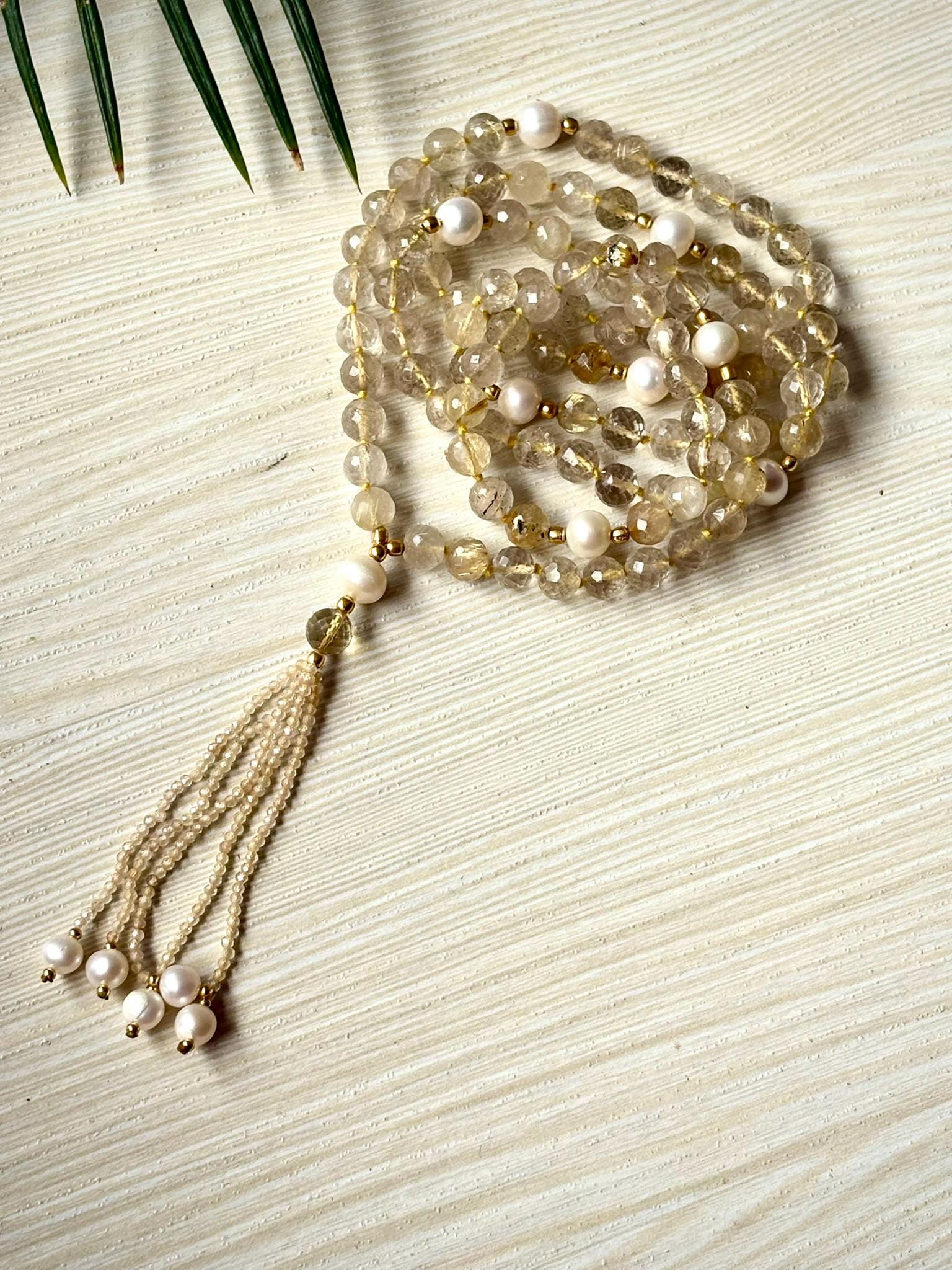 Golden Rutile Quartz Mala Necklace: Pearl Tassel, 108 Prayer Beads
