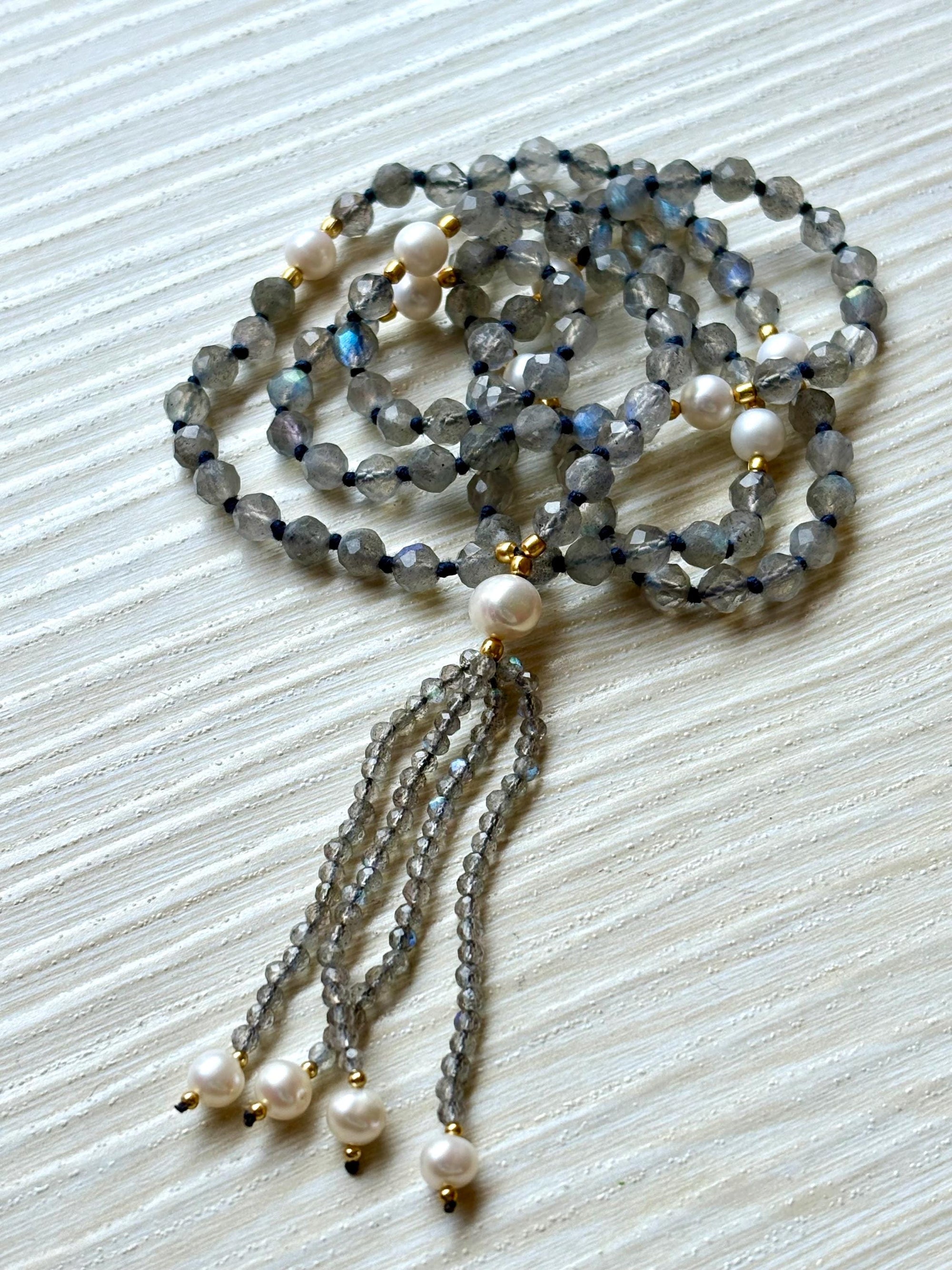 Labradorite Mala Necklace with Pearl Beads,Zodiac Mala Gift,108 beaded necklace,Yoga Beaded Necklace