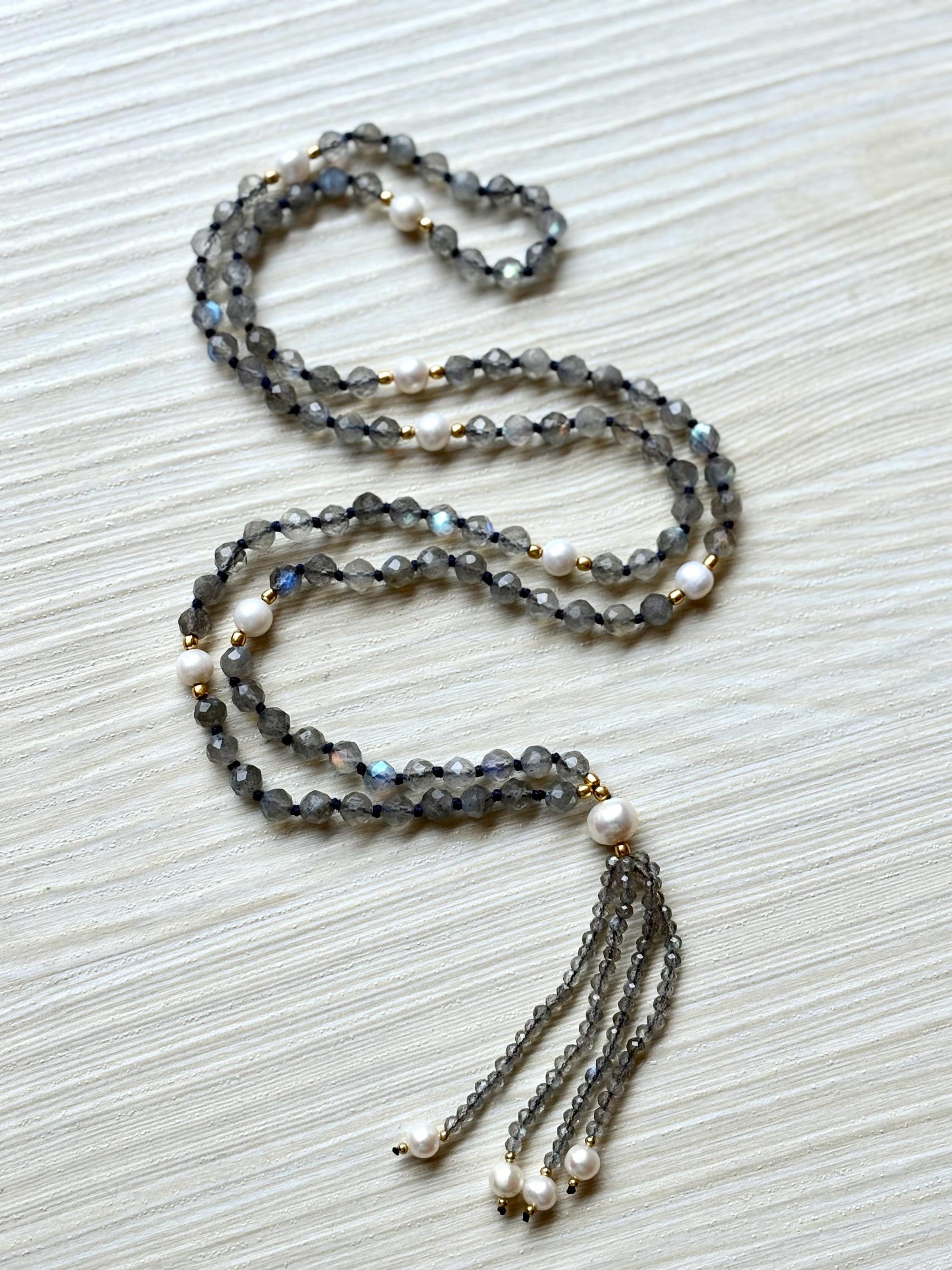 Labradorite Mala Necklace with Pearl Beads,Zodiac Mala Gift,108 beaded necklace,Yoga Beaded Necklace