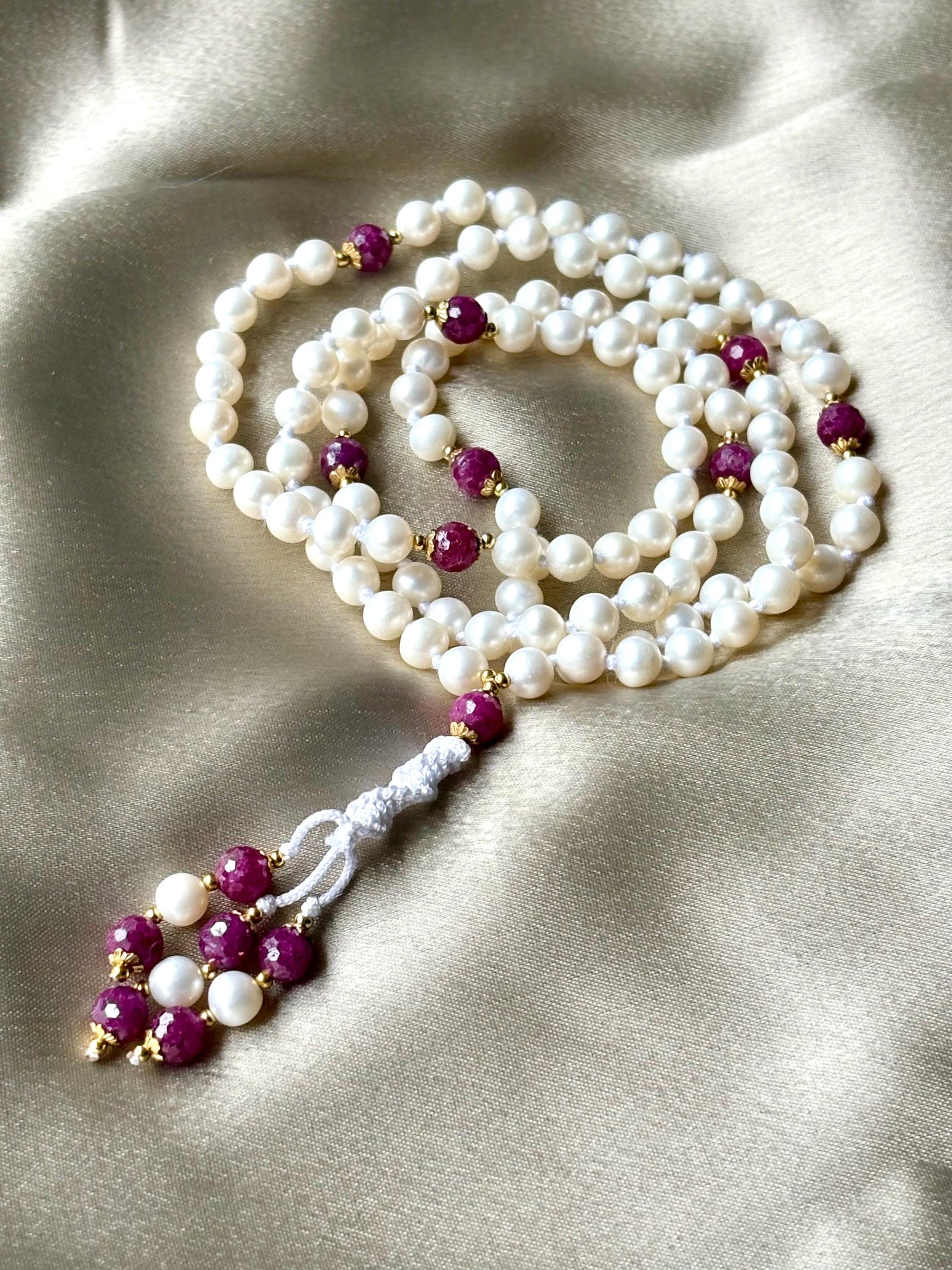 Pearl Mala Necklace with Ruby Beads,Zodiac Mala Gift,108 japa mala beaded necklace,Yoga Beaded Necklace