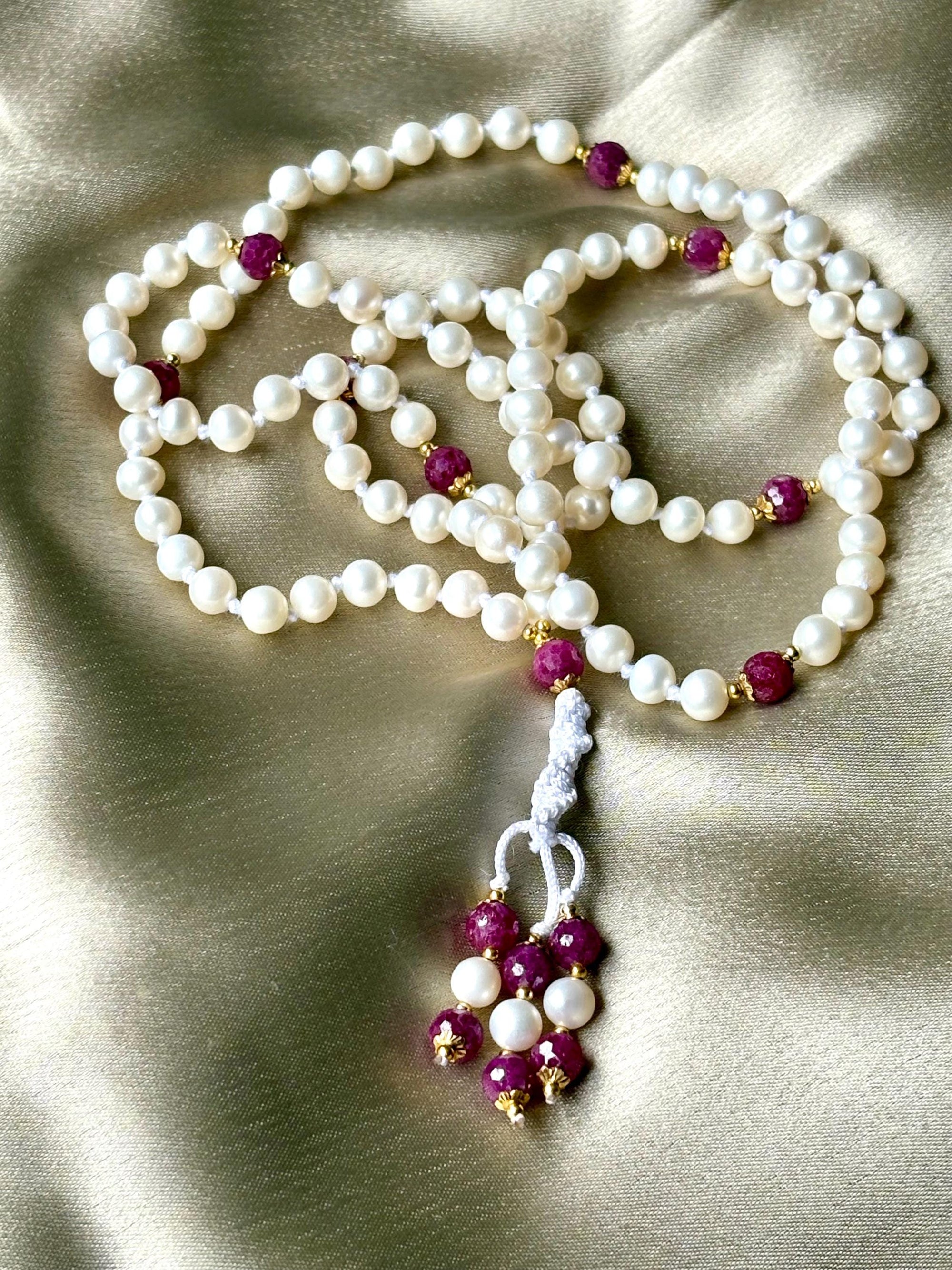 Pearl Mala Necklace with Ruby Beads,Zodiac Mala Gift,108 japa mala beaded necklace,Yoga Beaded Necklace