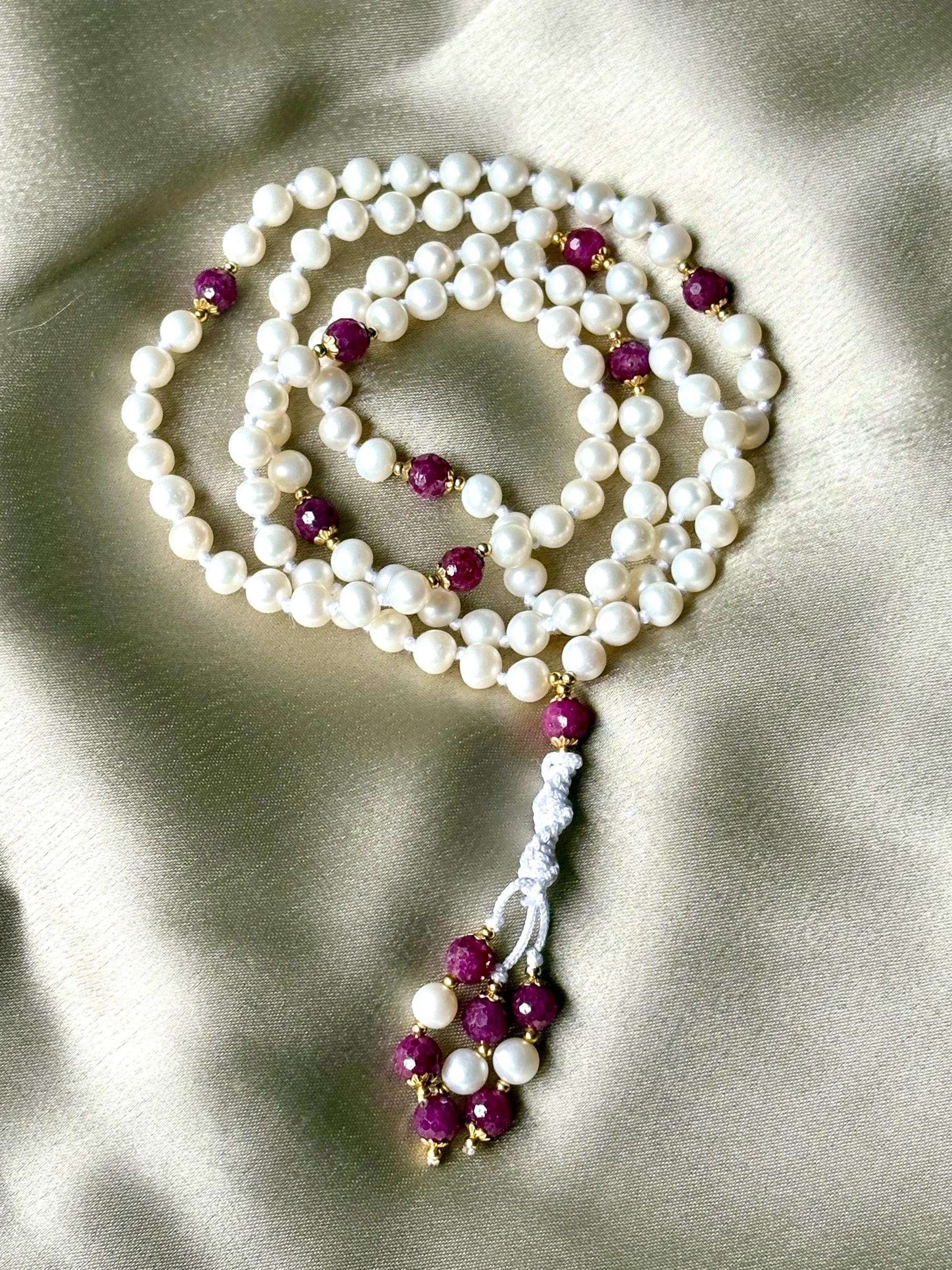 Pearl Mala Necklace with Ruby Beads,Zodiac Mala Gift,108 japa mala beaded necklace,Yoga Beaded Necklace