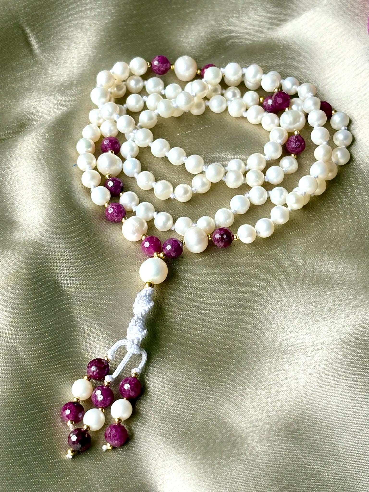 Pearl Mala Necklace with Ruby Beads,Zodiac Mala Gift,108 beaded necklace,Yoga Beaded Necklace,Meditation Mala