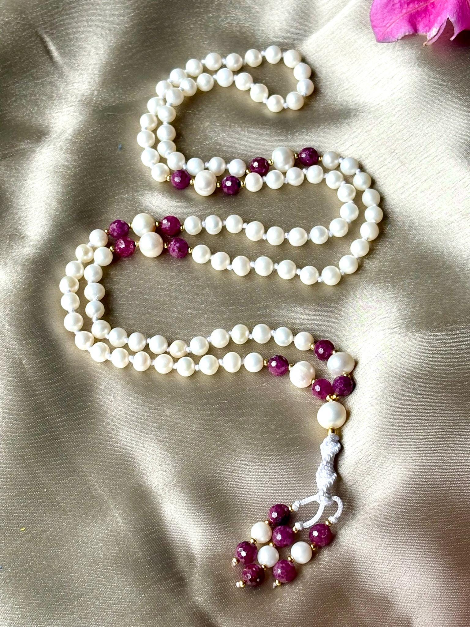 Pearl Mala Necklace with Ruby Beads,Zodiac Mala Gift,108 beaded necklace,Yoga Beaded Necklace,Meditation Mala
