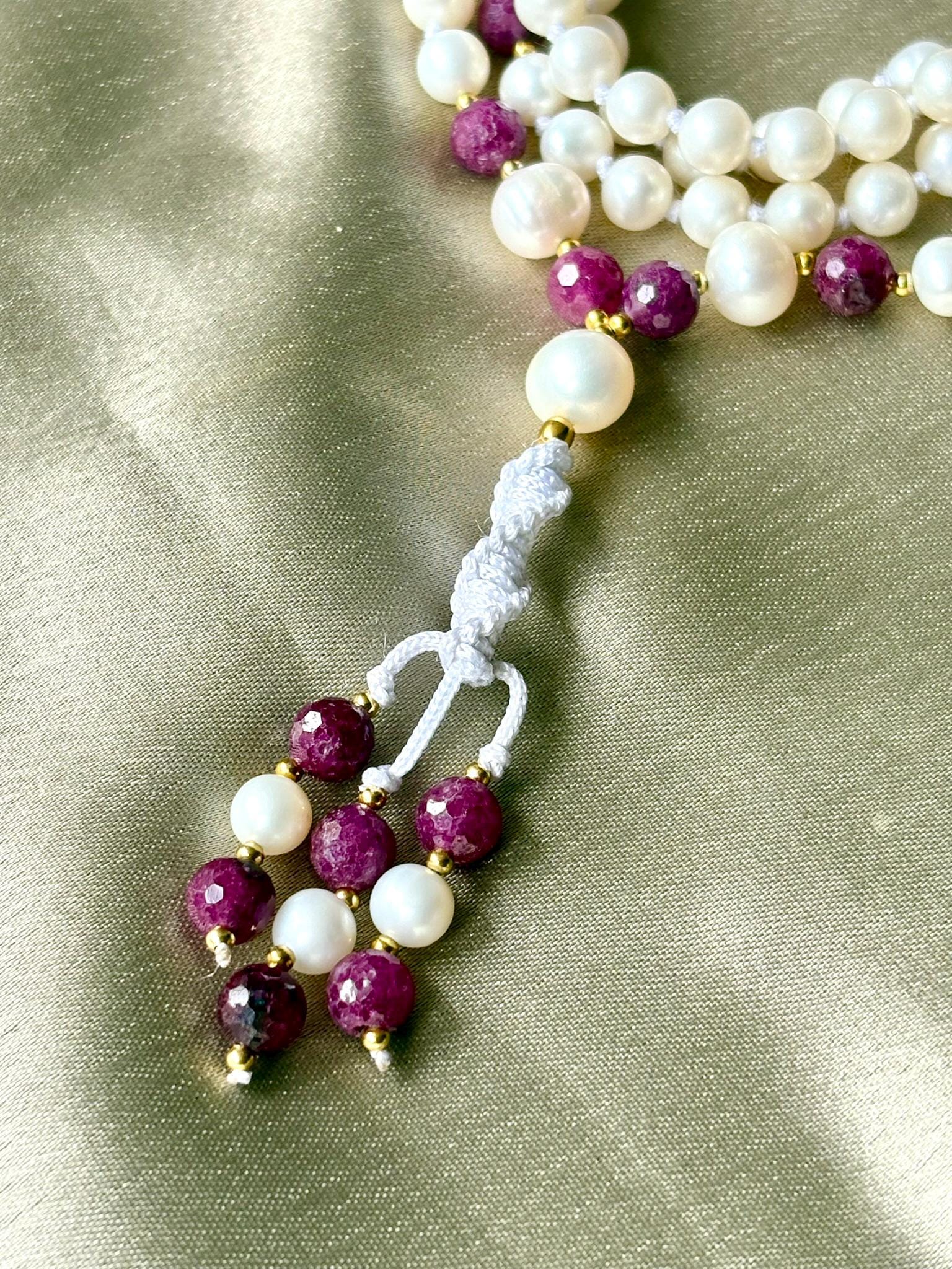 Pearl Mala Necklace with Ruby Beads,Zodiac Mala Gift,108 beaded necklace,Yoga Beaded Necklace,Meditation Mala