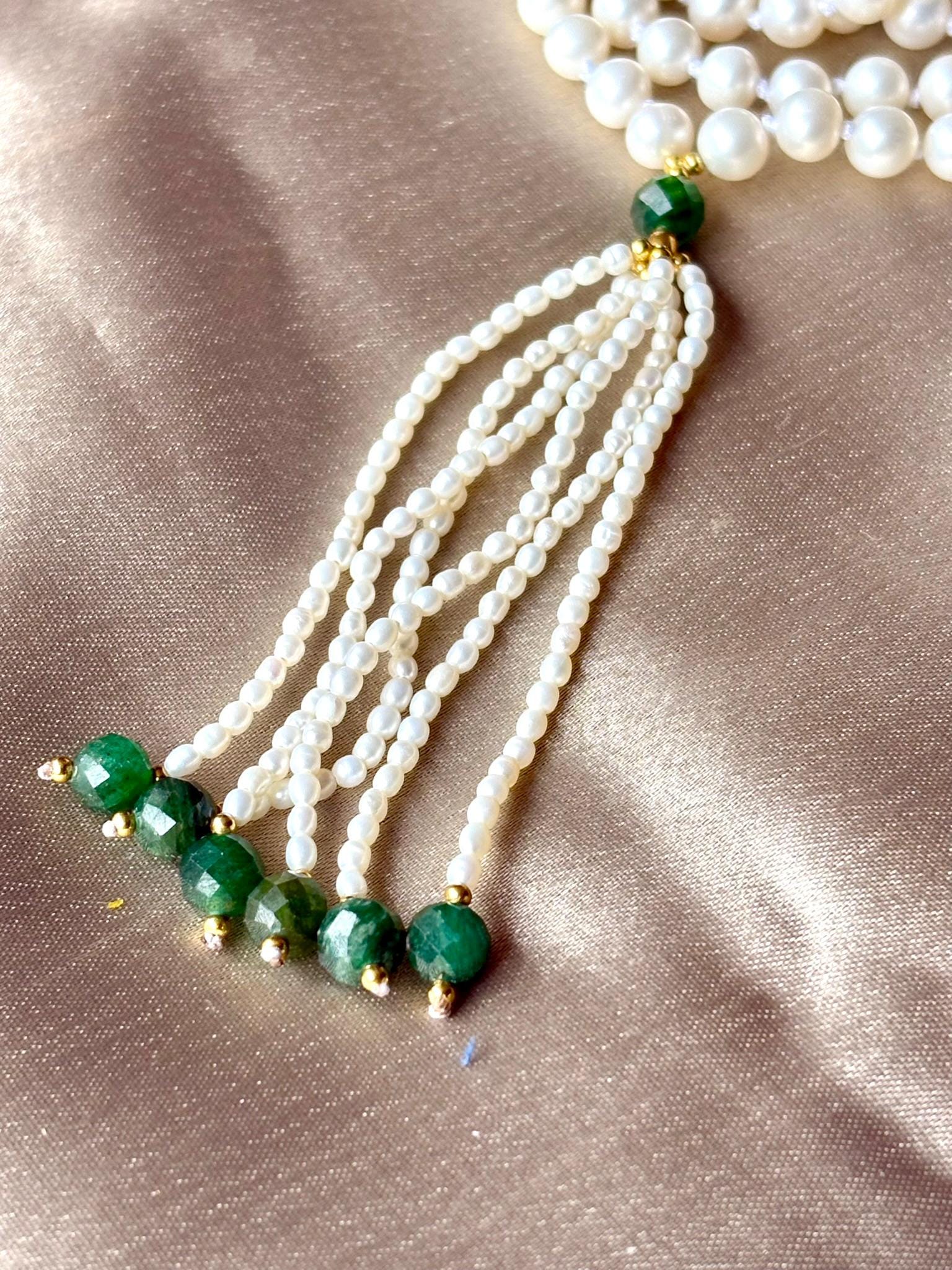 Pearl Mala Necklace with Faceted Emerald Beads,Zodiac Mala Gift,108 japa mala beaded necklace,Yoga Beaded Necklace