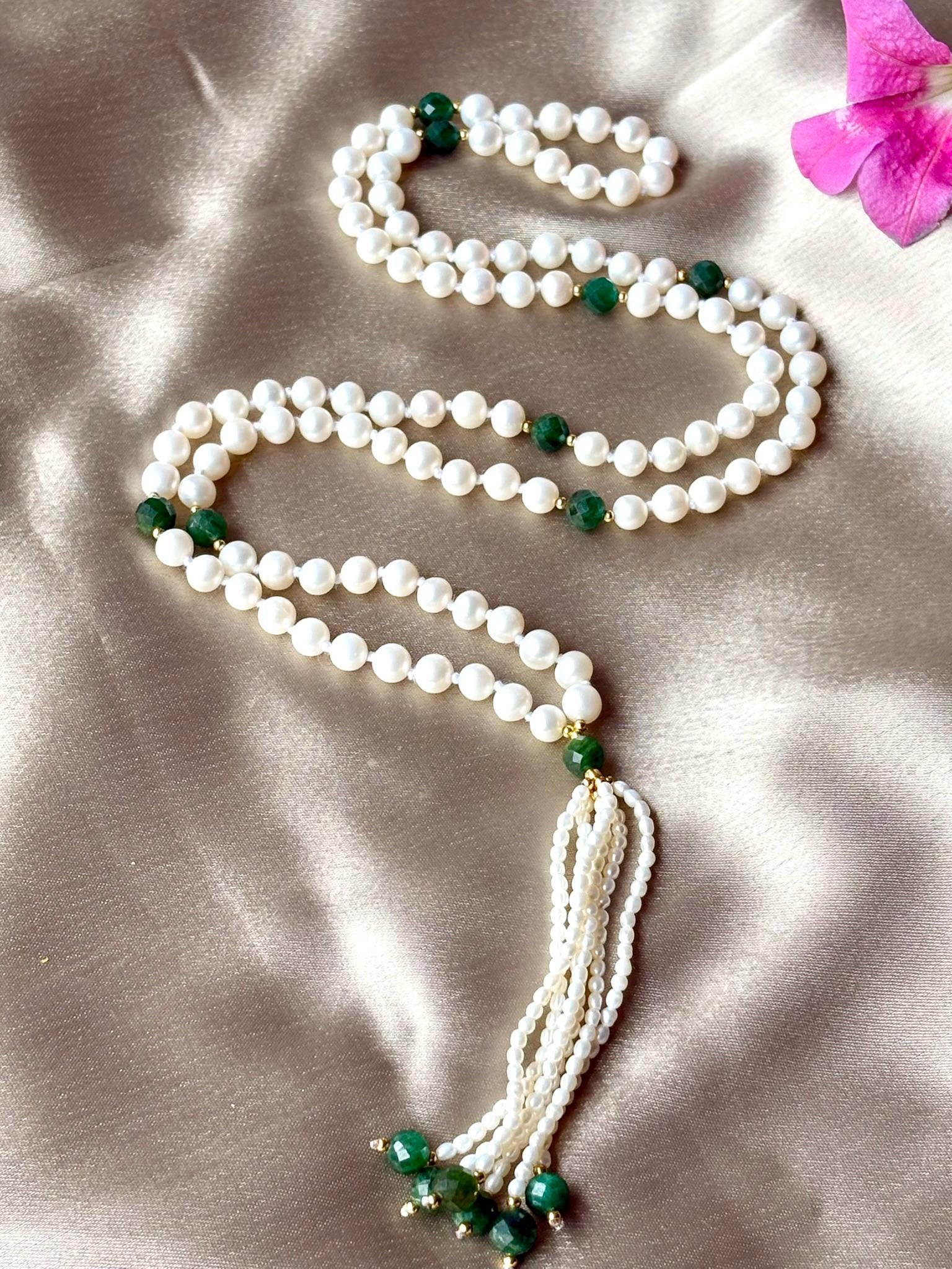 Pearl Mala Necklace with Faceted Emerald Beads,Zodiac Mala Gift,108 japa mala beaded necklace,Yoga Beaded Necklace
