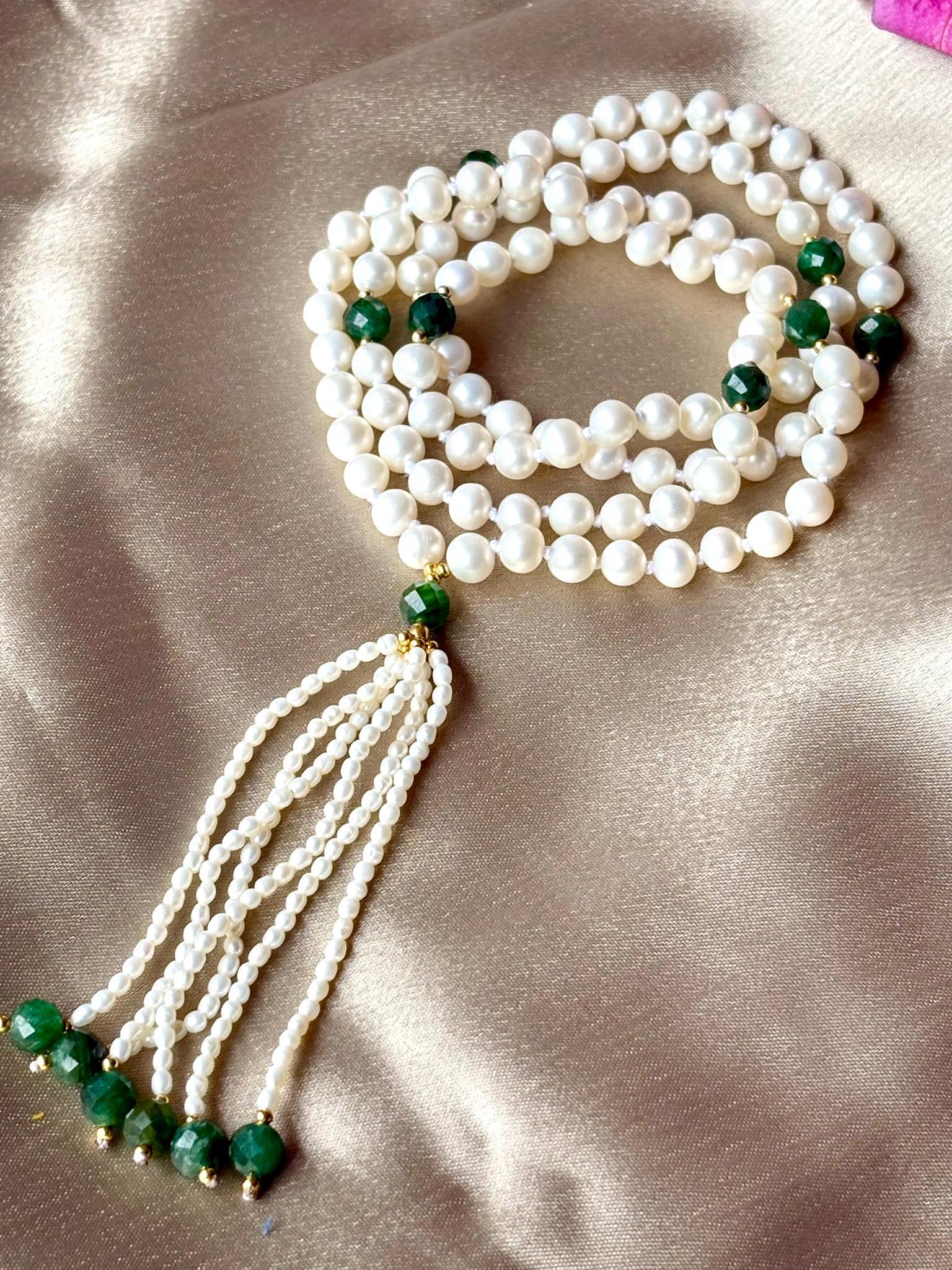 Pearl Mala Necklace with Faceted Emerald Beads,Zodiac Mala Gift,108 japa mala beaded necklace,Yoga Beaded Necklace