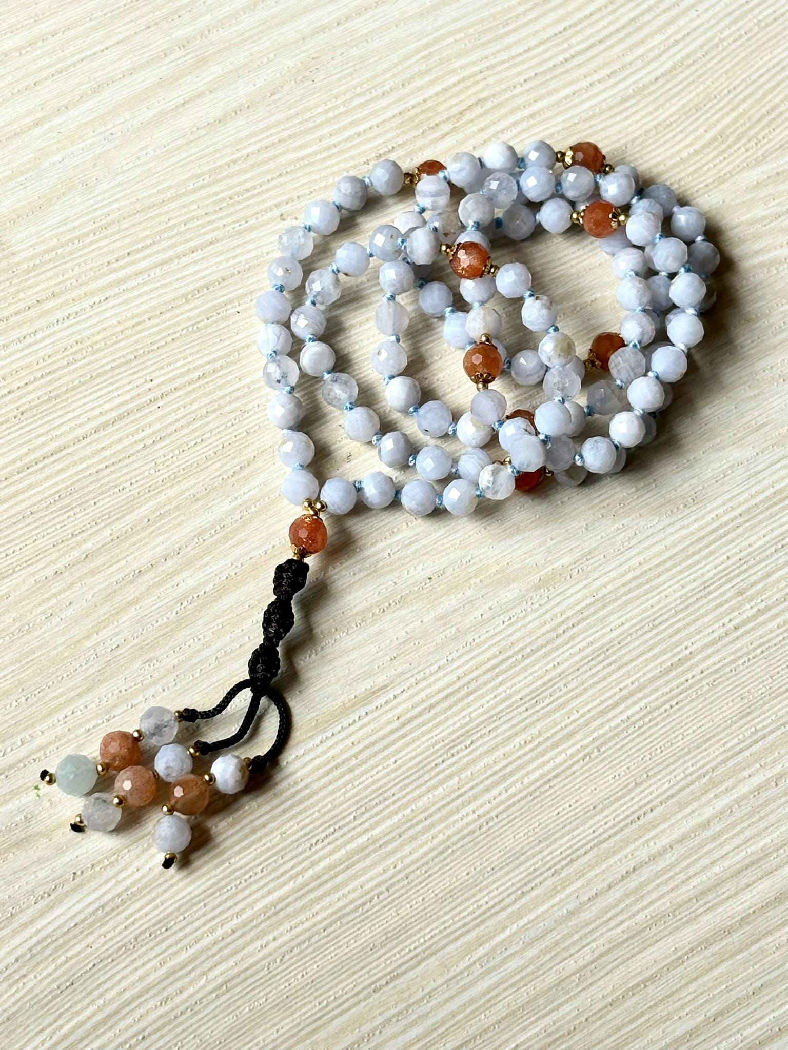 Blue Lace Agate Mala Necklace: 108 Bead Sunstone Japamala