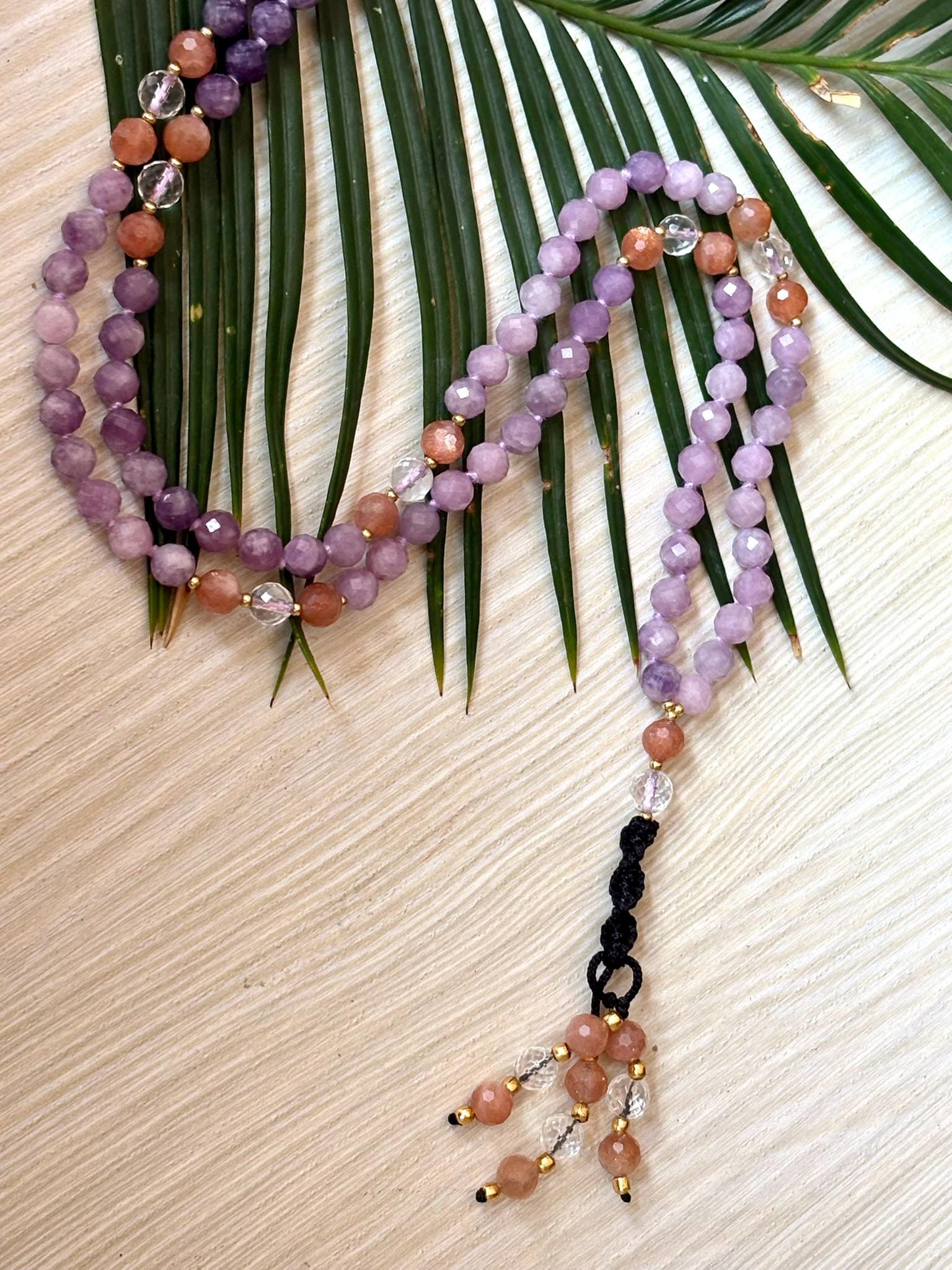 Lepidolite Mala Necklace: Sunstone & Clear Quartz, Meditation Beads