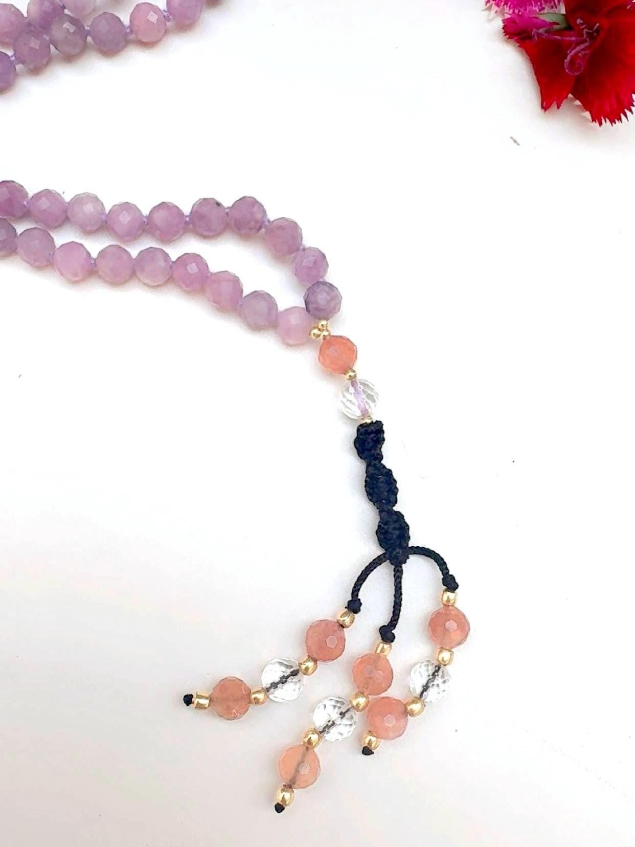 Lepidolite Mala Necklace: Sunstone & Clear Quartz, Meditation Beads