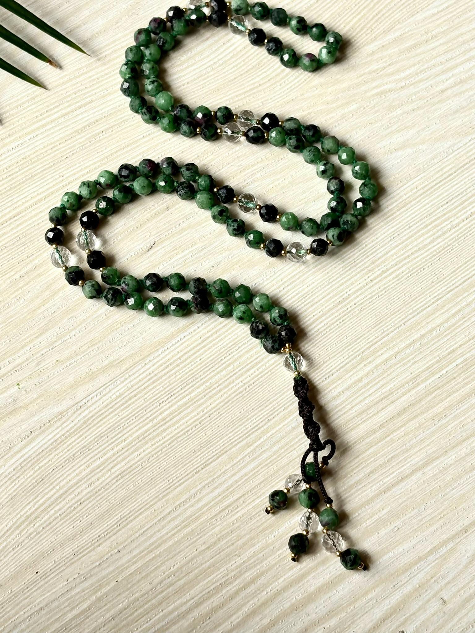 Ruby Zoisite Mala Necklace with Clear Quartz,Tassel mala, Prayer Necklace, 108 Mala Beads, Statement Necklace Spiritual Mala