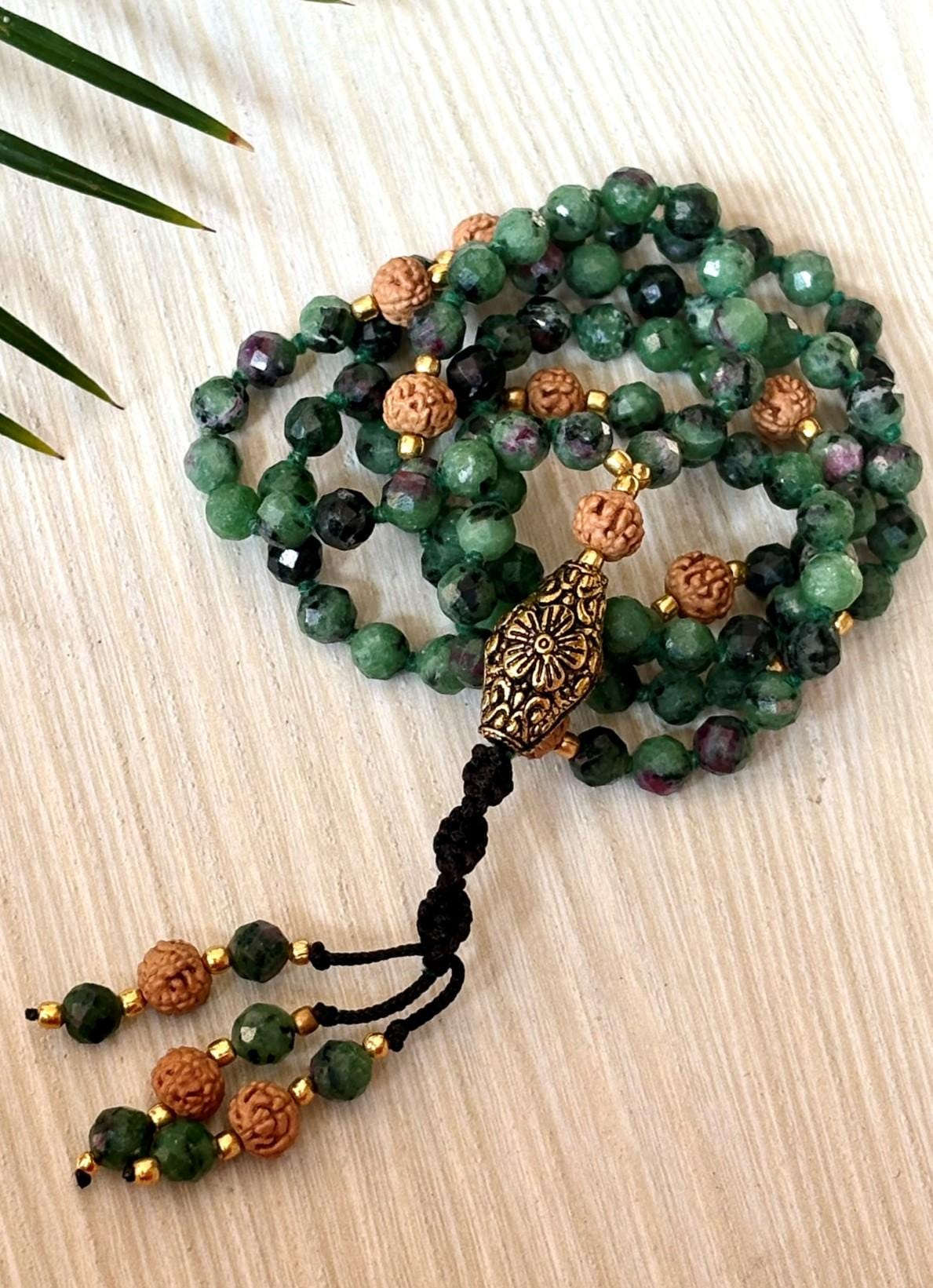 Ruby Zoisite Mala Necklace: Rudraksha 108 Prayer Beads