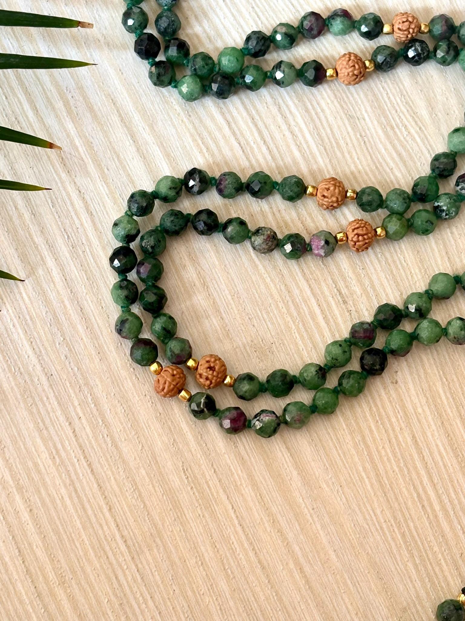 Ruby Zoisite Mala Necklace: Rudraksha 108 Prayer Beads