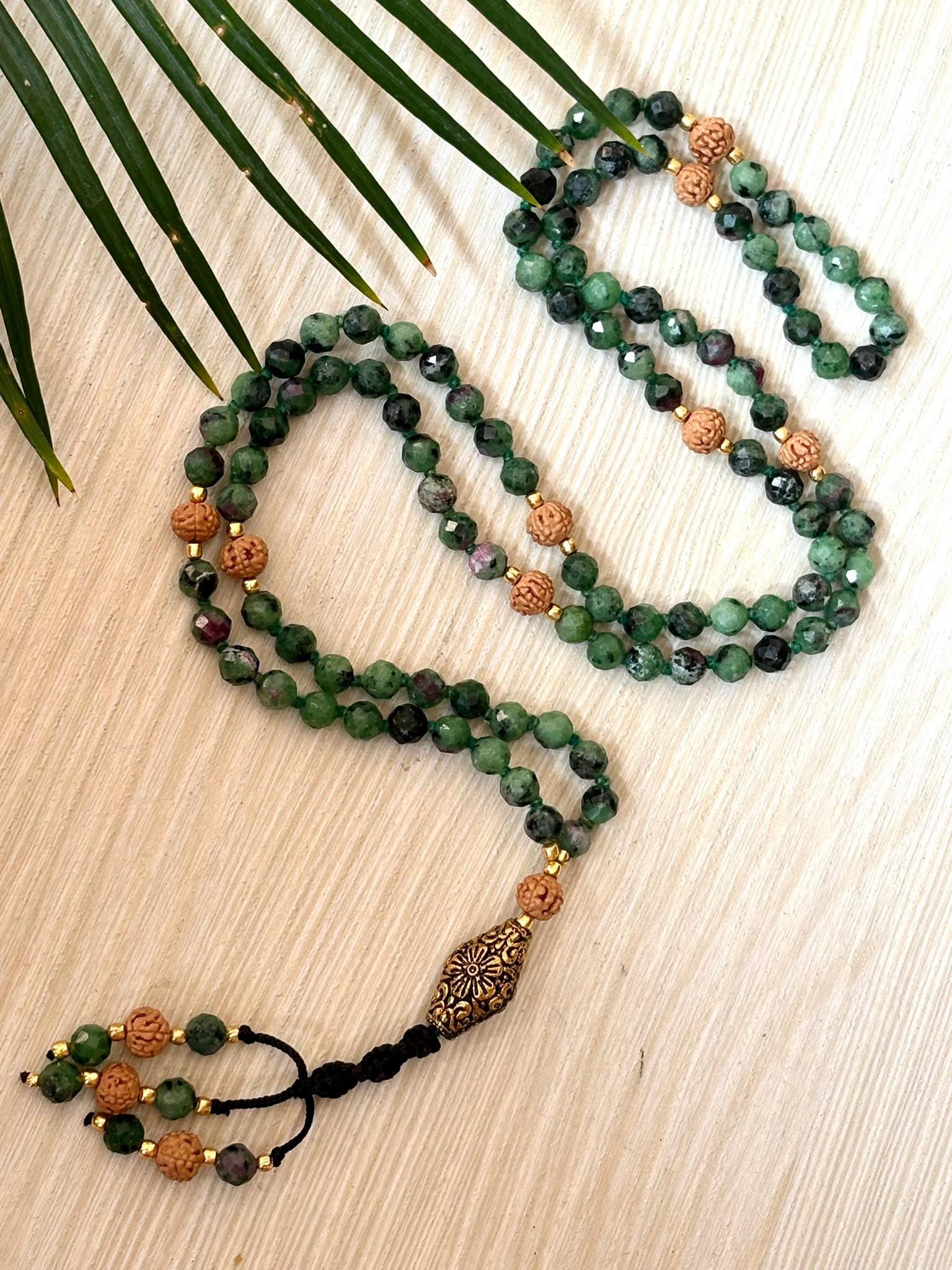Ruby Zoisite Mala Necklace: Rudraksha 108 Prayer Beads
