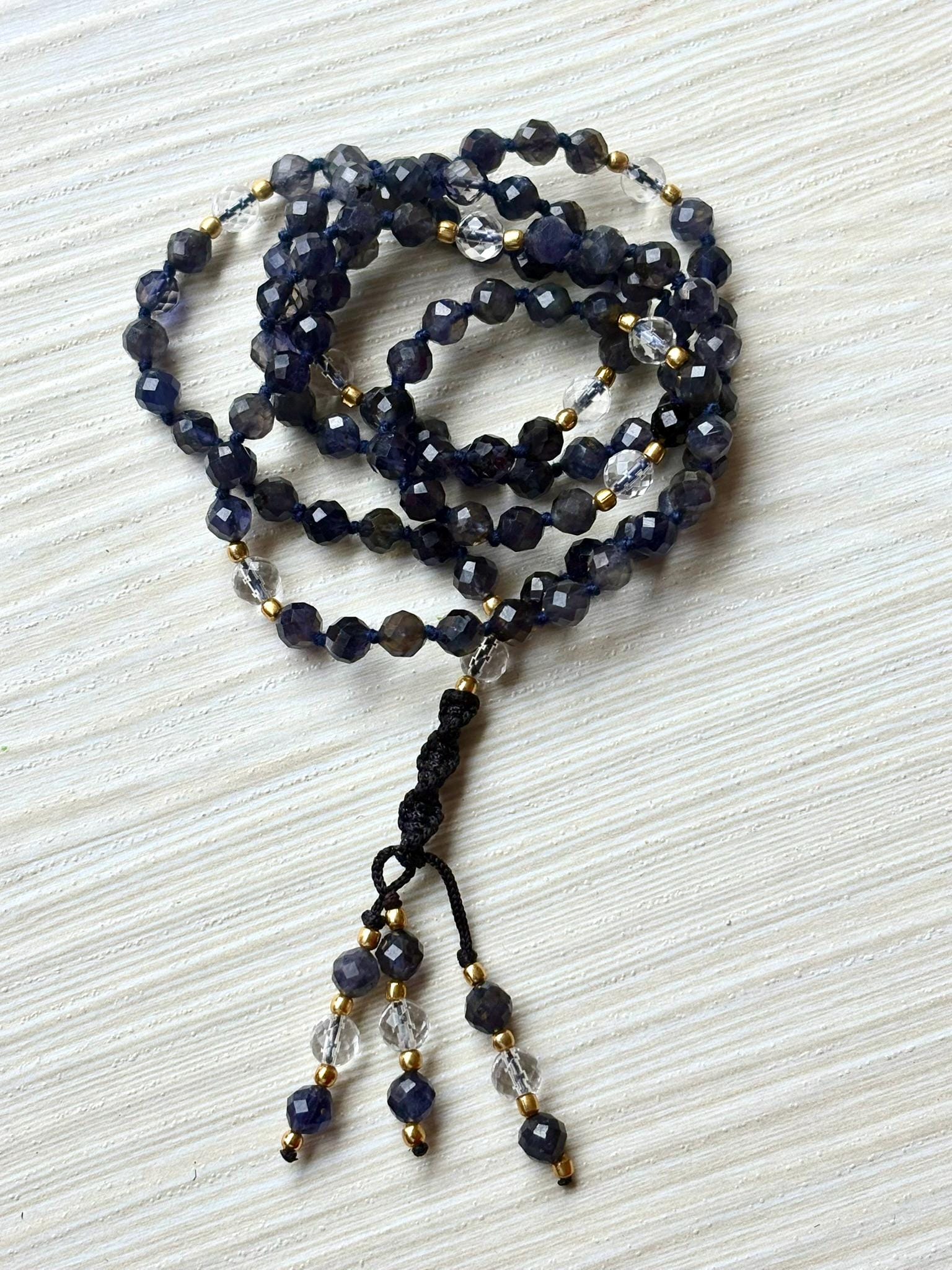 Iolite Mala Necklace with Clear Quartz | 108 Bead Prayer Mala | Spiritual Tassel Necklace | Healing Crystal Meditation Jewelry