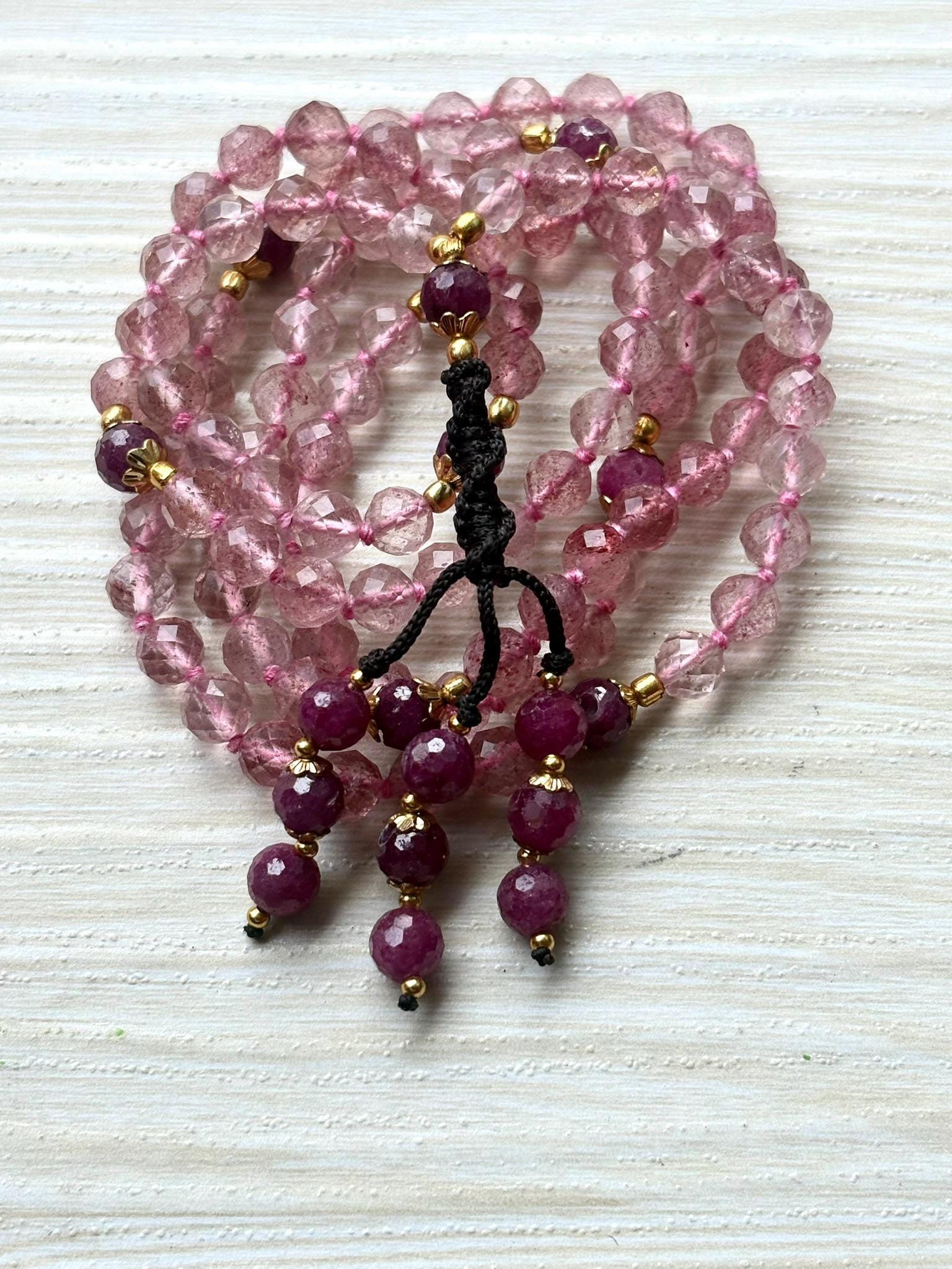 Strawberry Quartz Mala Necklace with Ruby,Tassel mala, Prayer Necklace, 108 Mala Beads, Statement Necklace Spiritual Mala