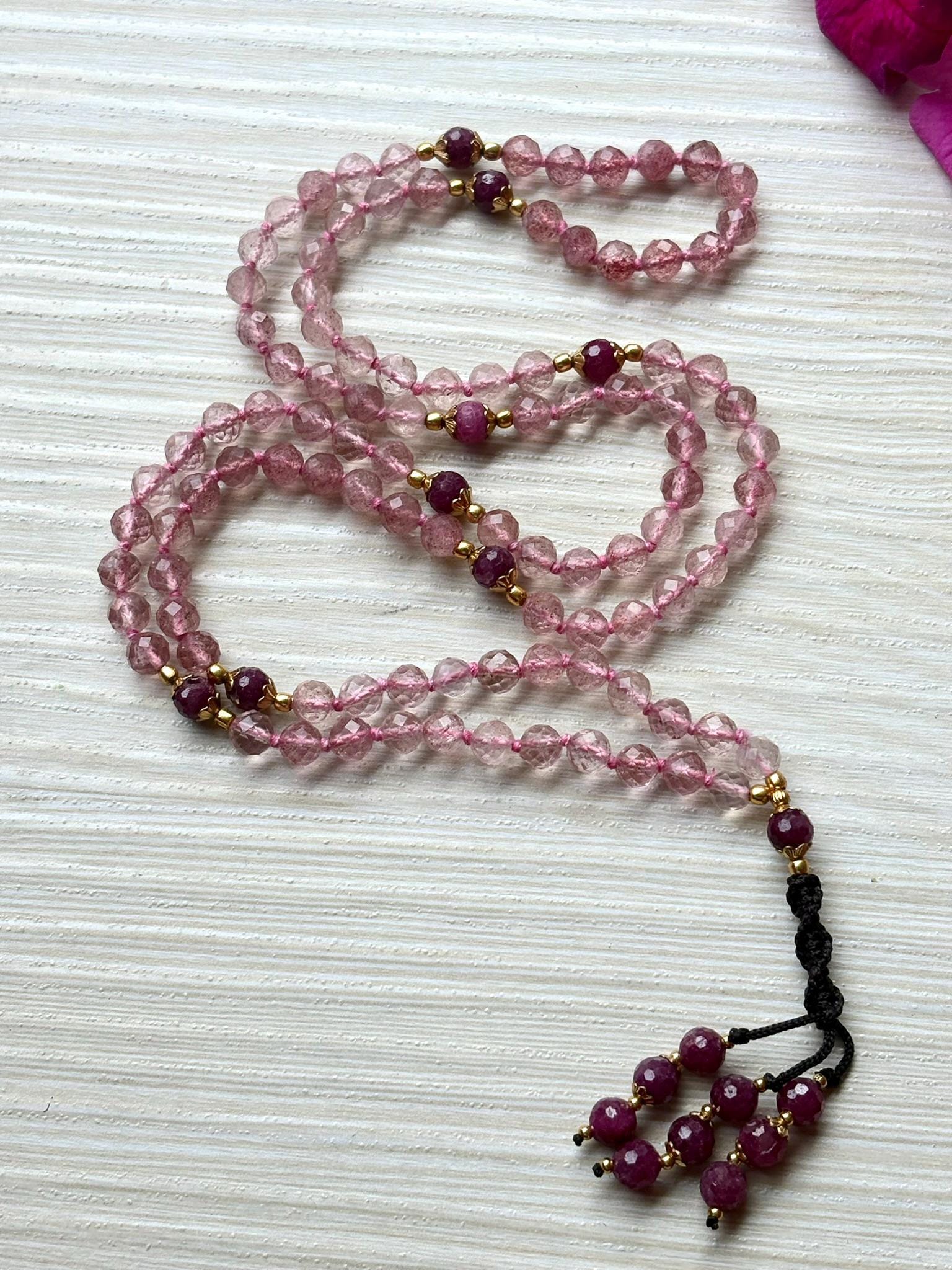 Strawberry Quartz Mala Necklace with Ruby,Tassel mala, Prayer Necklace, 108 Mala Beads, Statement Necklace Spiritual Mala