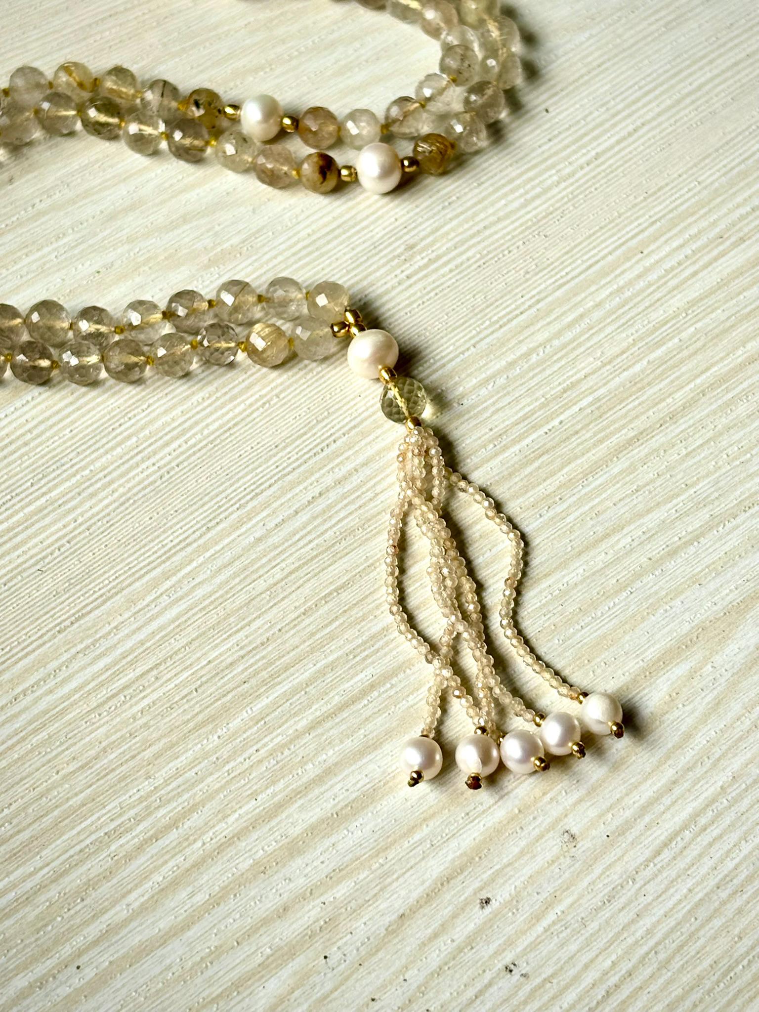 Golden Rutile Quartz Mala Necklace: Pearl Tassel, 108 Prayer Beads