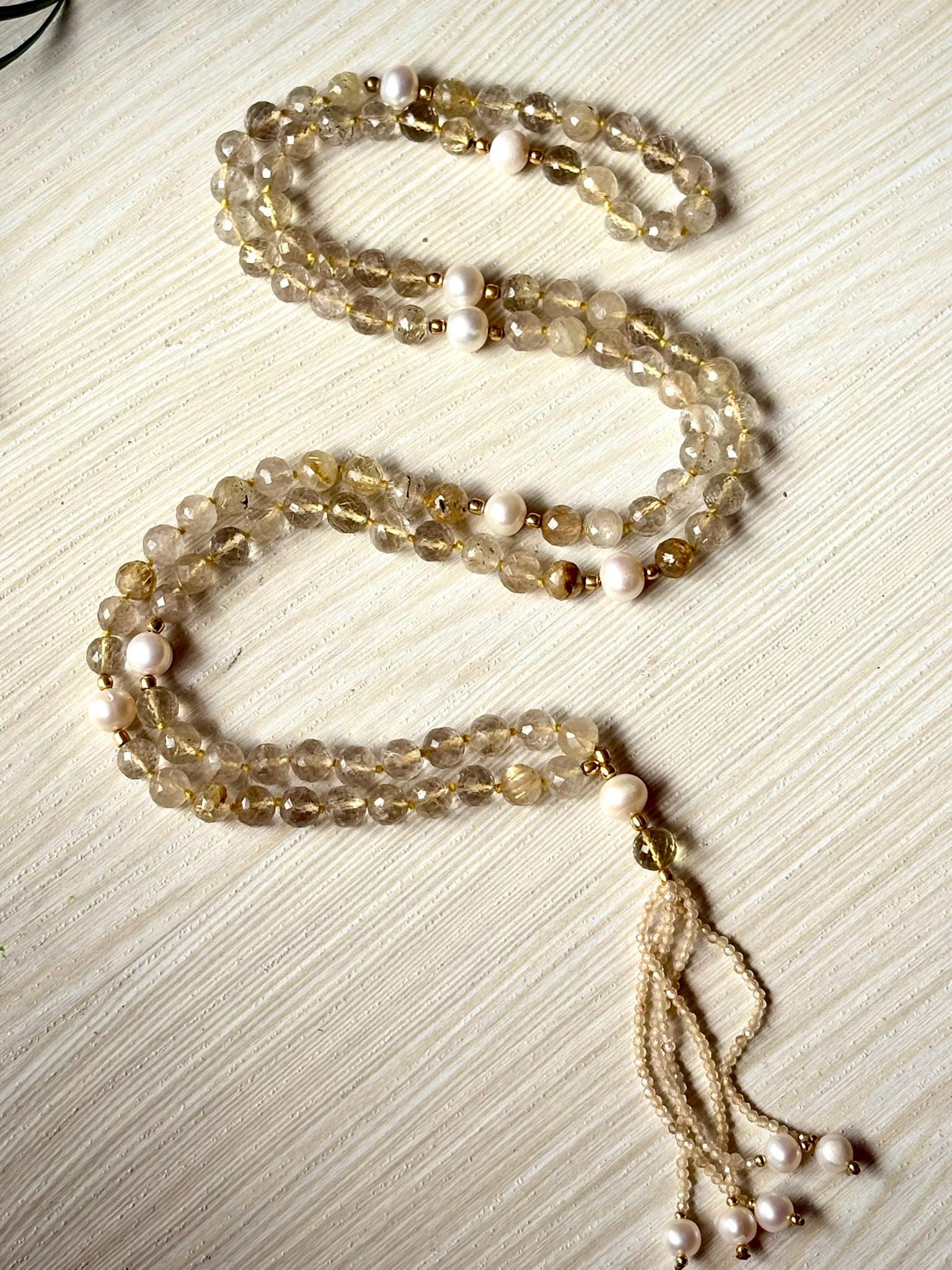 Golden Rutile Quartz Mala Necklace: Pearl Tassel, 108 Prayer Beads