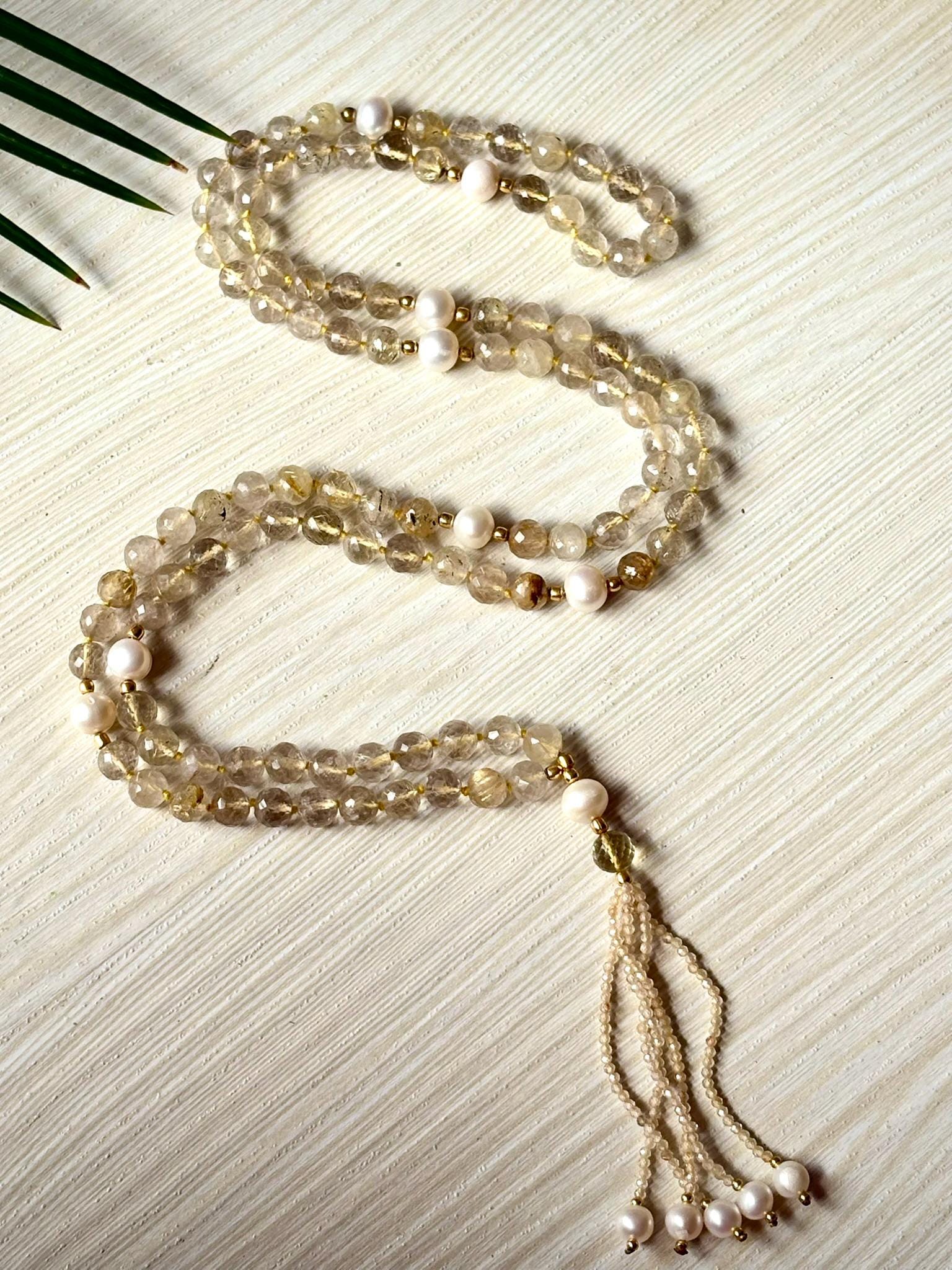 Golden Rutile Quartz Mala Necklace: Pearl Tassel, 108 Prayer Beads