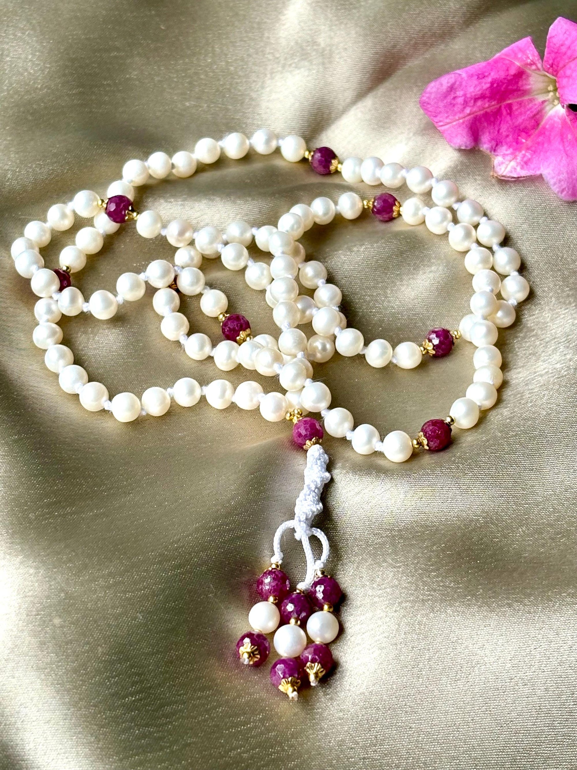 Pearl Mala Necklace with Ruby Beads,Zodiac Mala Gift,108 japa mala beaded necklace,Yoga Beaded Necklace