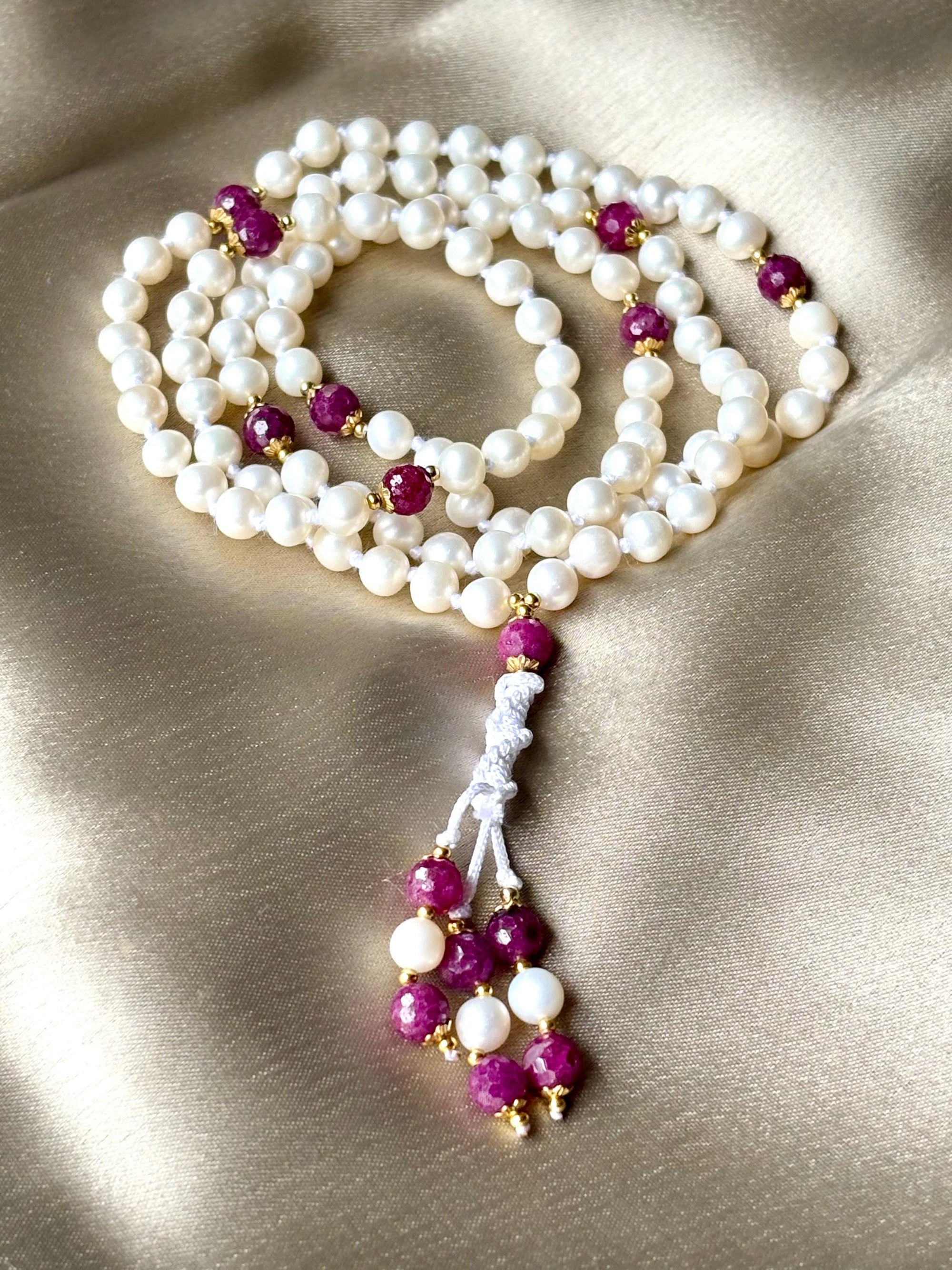 Pearl Mala Necklace with Ruby Beads,Zodiac Mala Gift,108 japa mala beaded necklace,Yoga Beaded Necklace