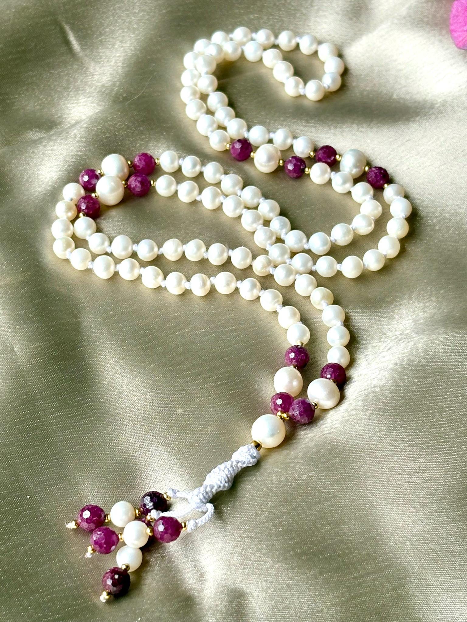 Pearl Mala Necklace with Ruby Beads,Zodiac Mala Gift,108 beaded necklace,Yoga Beaded Necklace,Meditation Mala