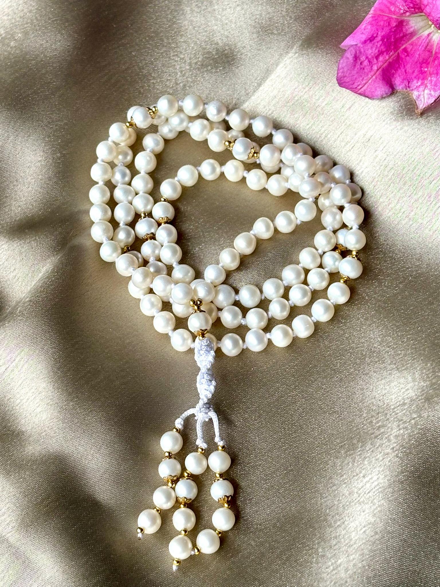Mother of Pearl Mala Necklace,6mm Freshwater Pearl Necklace,Zodiac Mala Gift,108 beaded necklace,Yoga Beaded Necklace