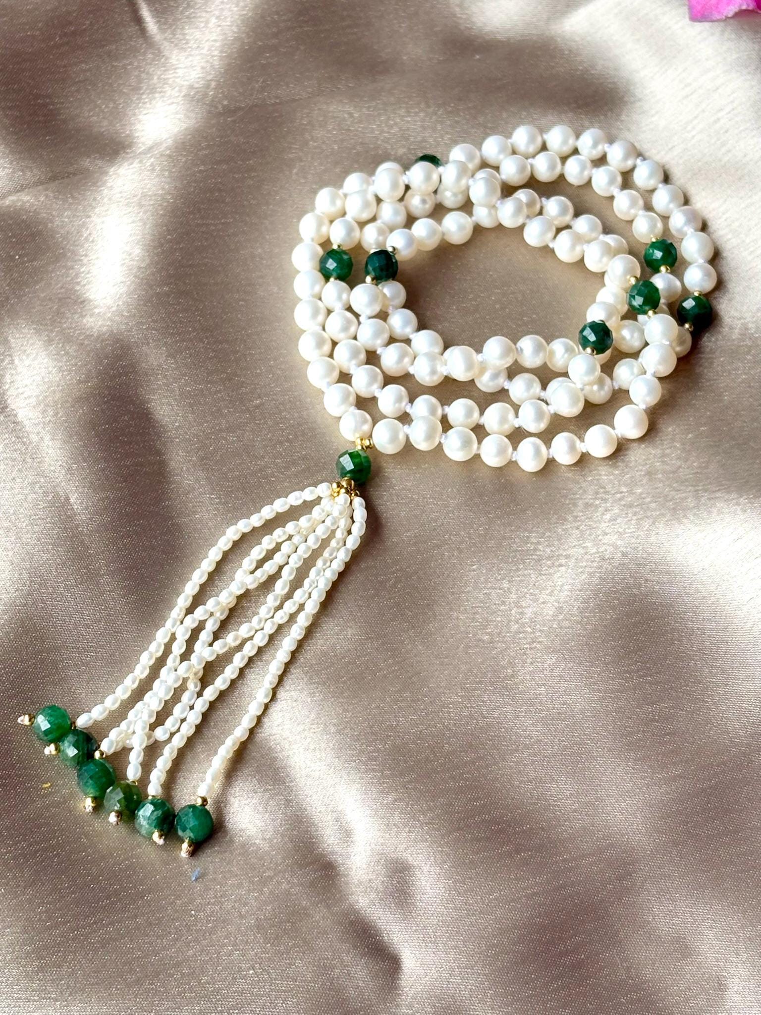 Pearl Mala Necklace with Faceted Emerald Beads,Zodiac Mala Gift,108 japa mala beaded necklace,Yoga Beaded Necklace