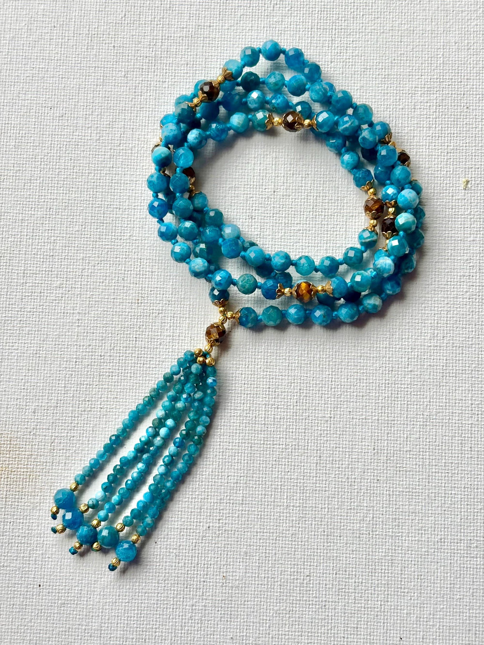 Blue Apatite Mala Necklace: Tiger Eye Beads, Hand-Knotted Japamala