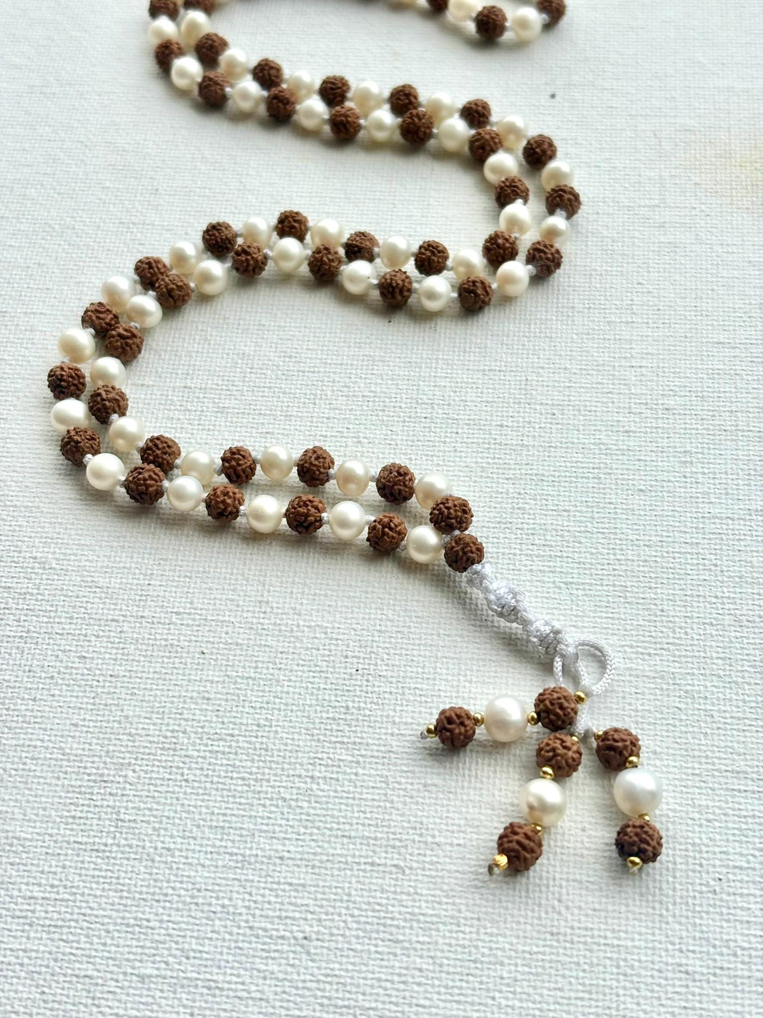 Rudraksha & Pearl 108 Bead Mala: Hand-Knotted Prayer Beads