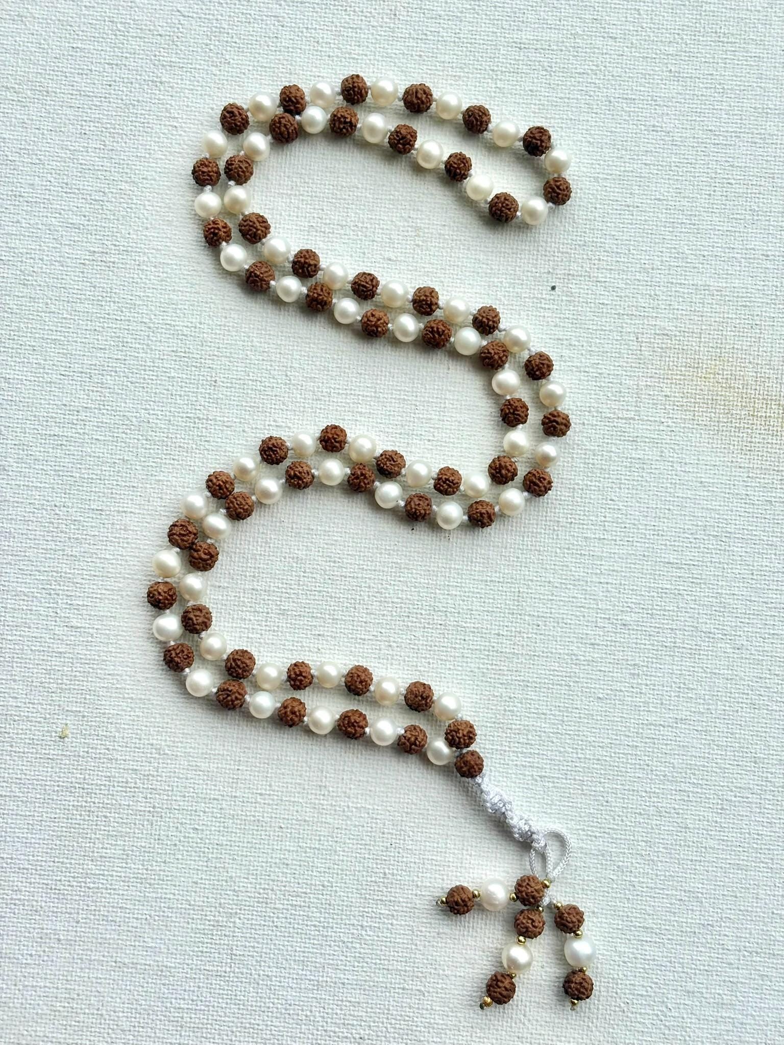 Rudraksha & Pearl 108 Bead Mala: Hand-Knotted Prayer Beads