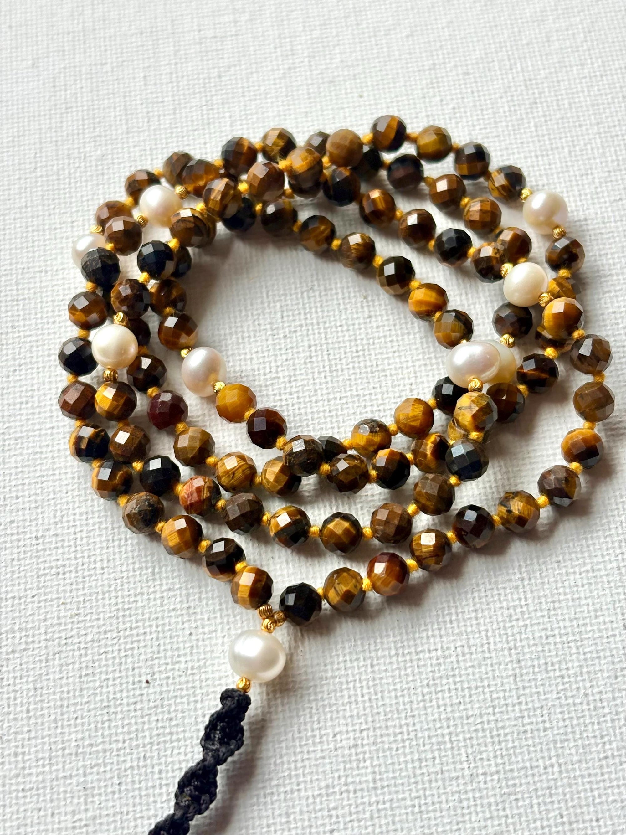 Handmade Tiger Eye and Pearl Mala | Meditation Beads | Yoga Jewelry for Men and Women