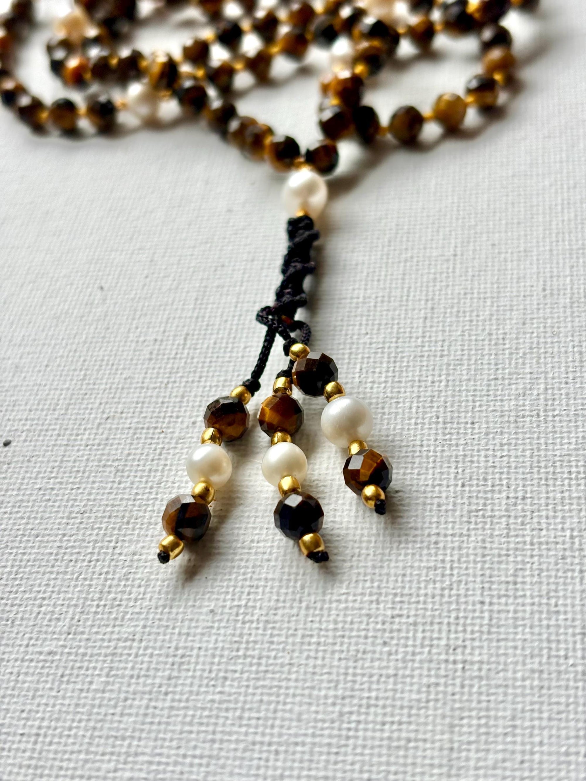 Handmade Tiger Eye and Pearl Mala | Meditation Beads | Yoga Jewelry for Men and Women