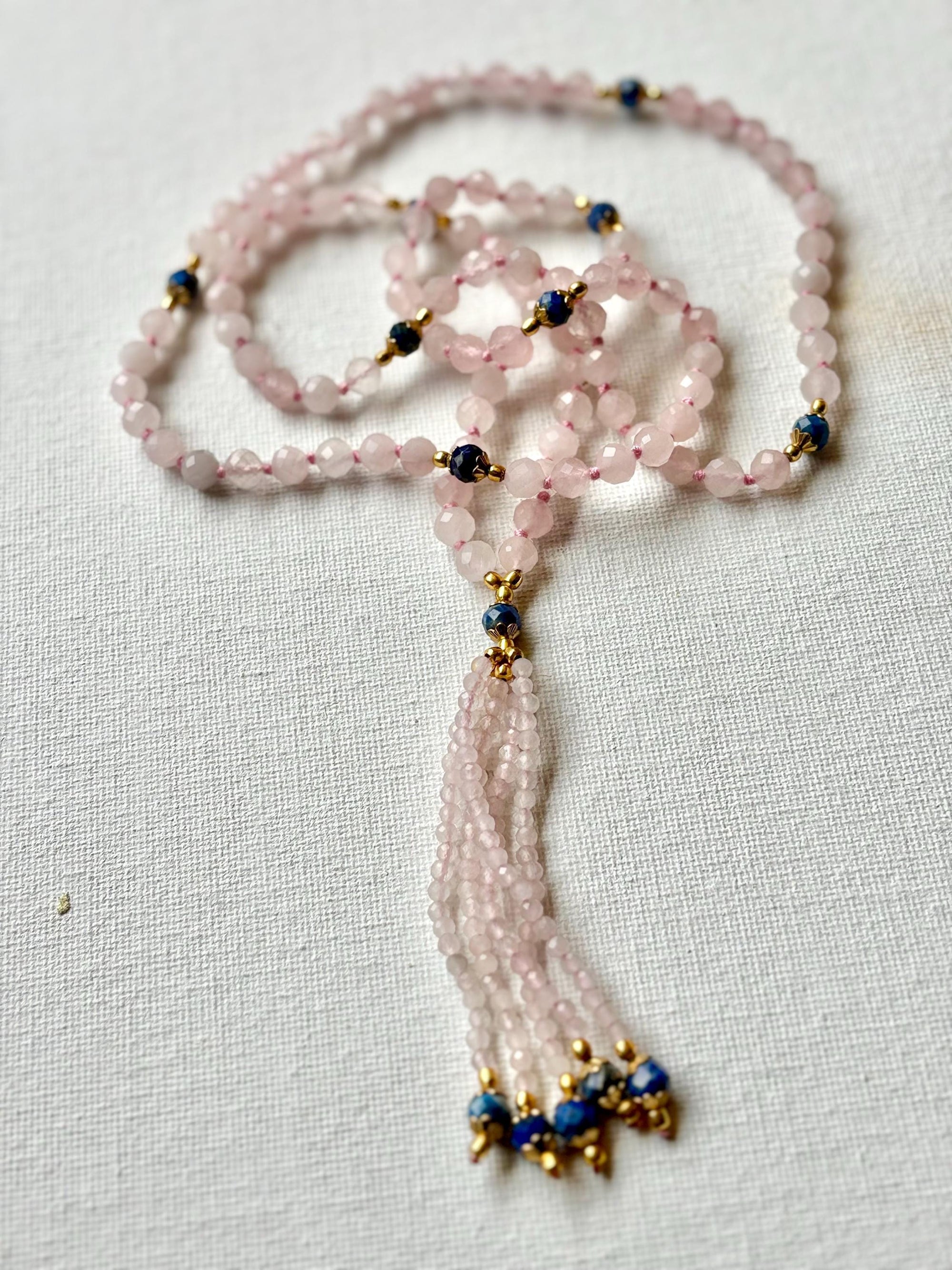 Rose Quartz Mala Necklace: Lapis Lazuli Accents, Heart Chakra Healing