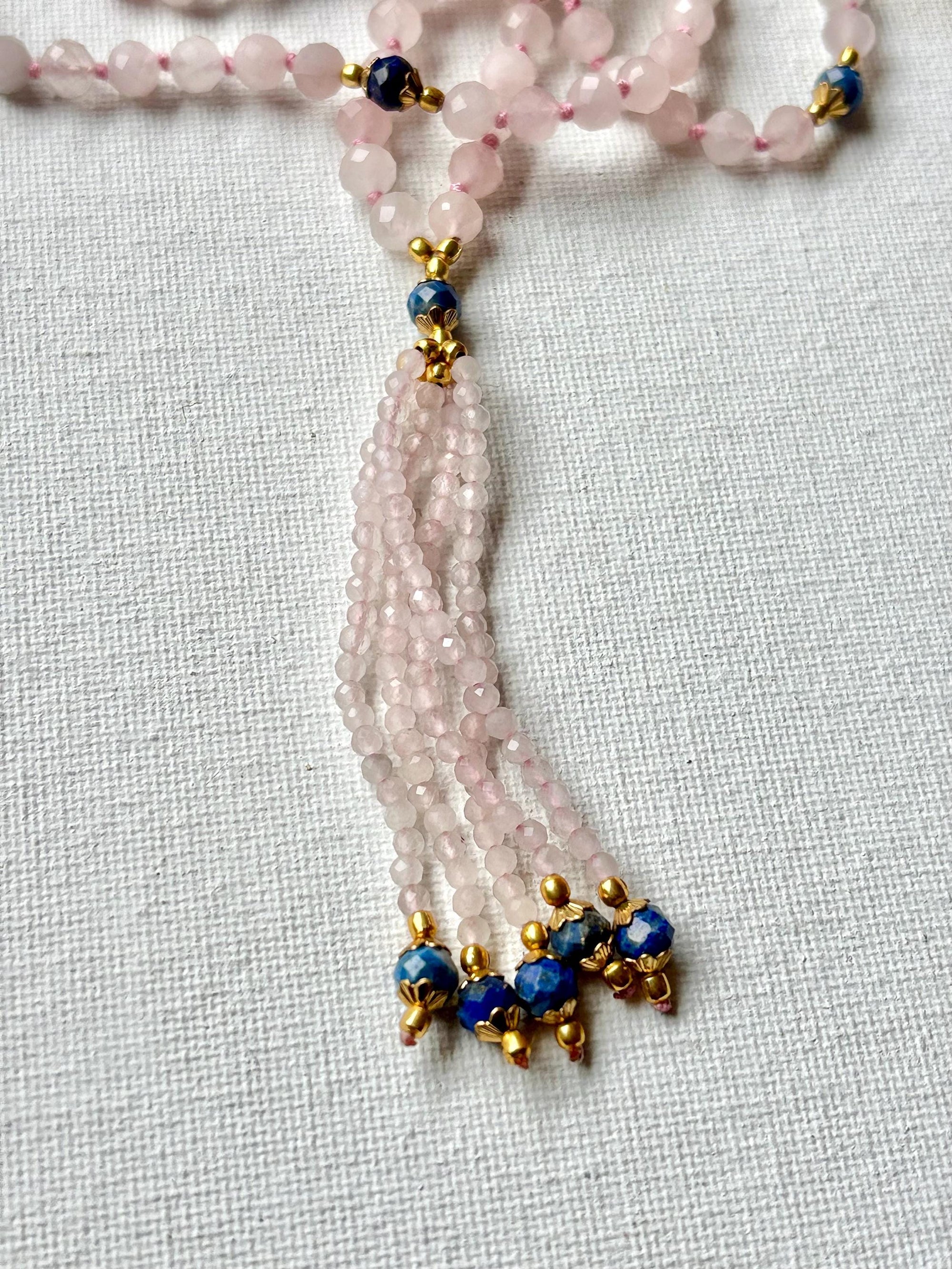 Rose Quartz Mala Necklace: Lapis Lazuli Accents, Heart Chakra Healing