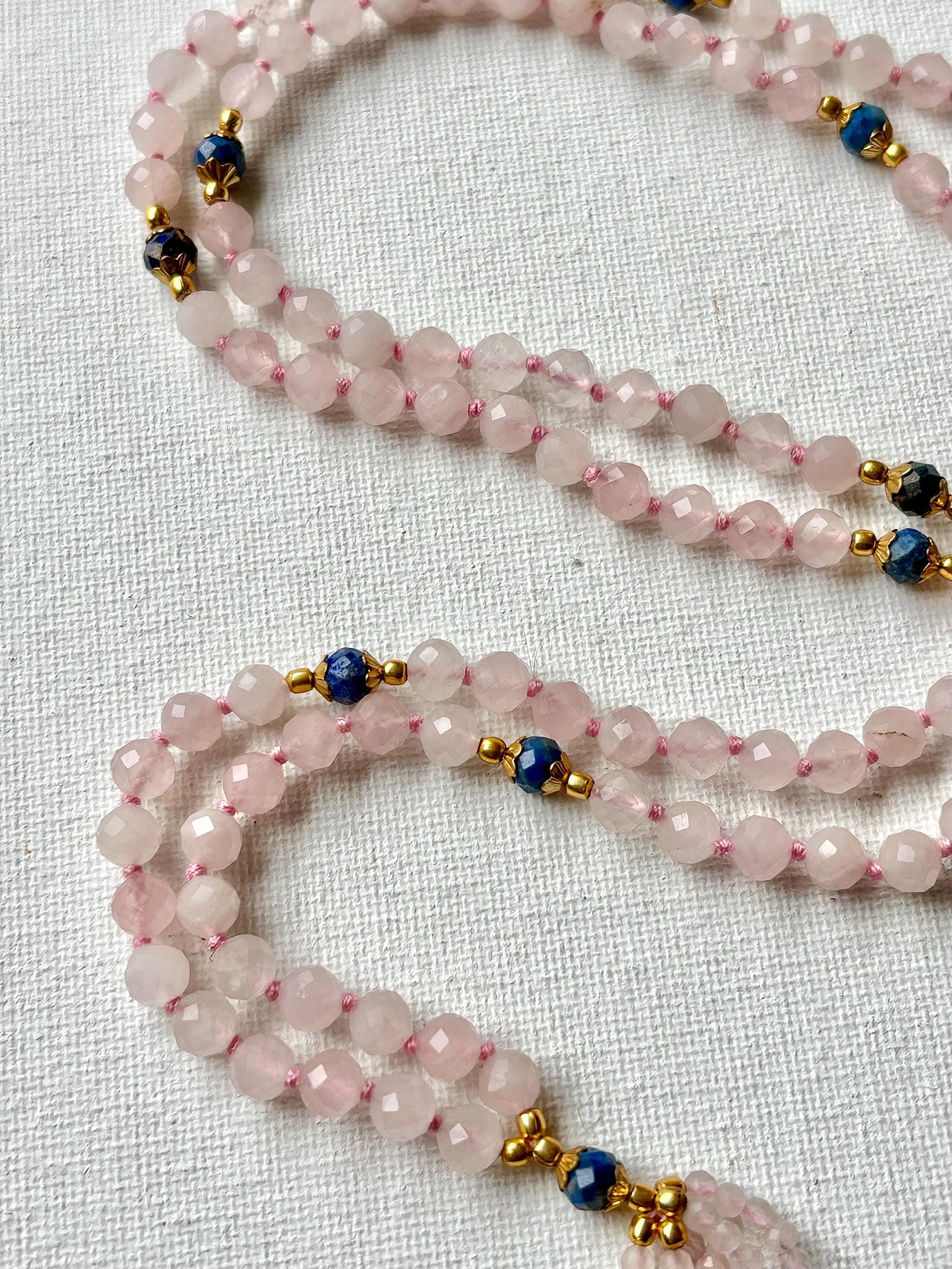 Rose Quartz Mala Necklace: Lapis Lazuli Accents, Heart Chakra Healing